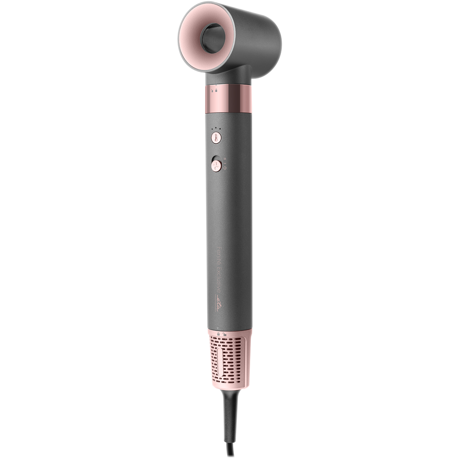 Gray hairdryer with rose gold accents and control buttons.
