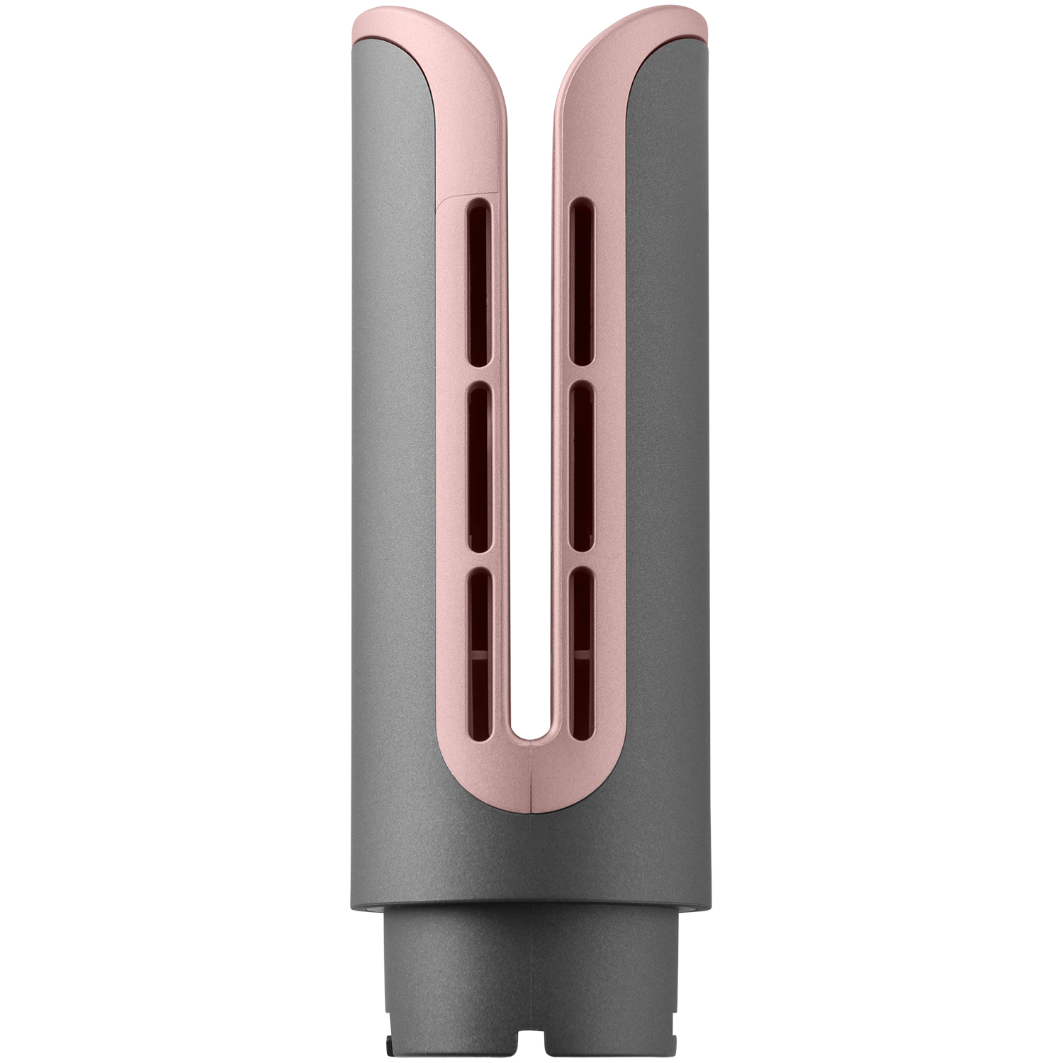 Gray and rose gold hair dryer attachment with slots.