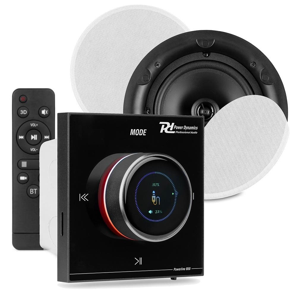 Un set de altavoces de techo con mando a distancia y panel de control.