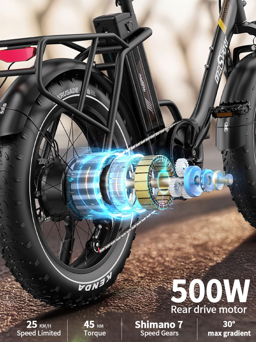 Primo piano di una e-bike nera che mostra il motore di trasmissione posteriore e gli ingranaggi.