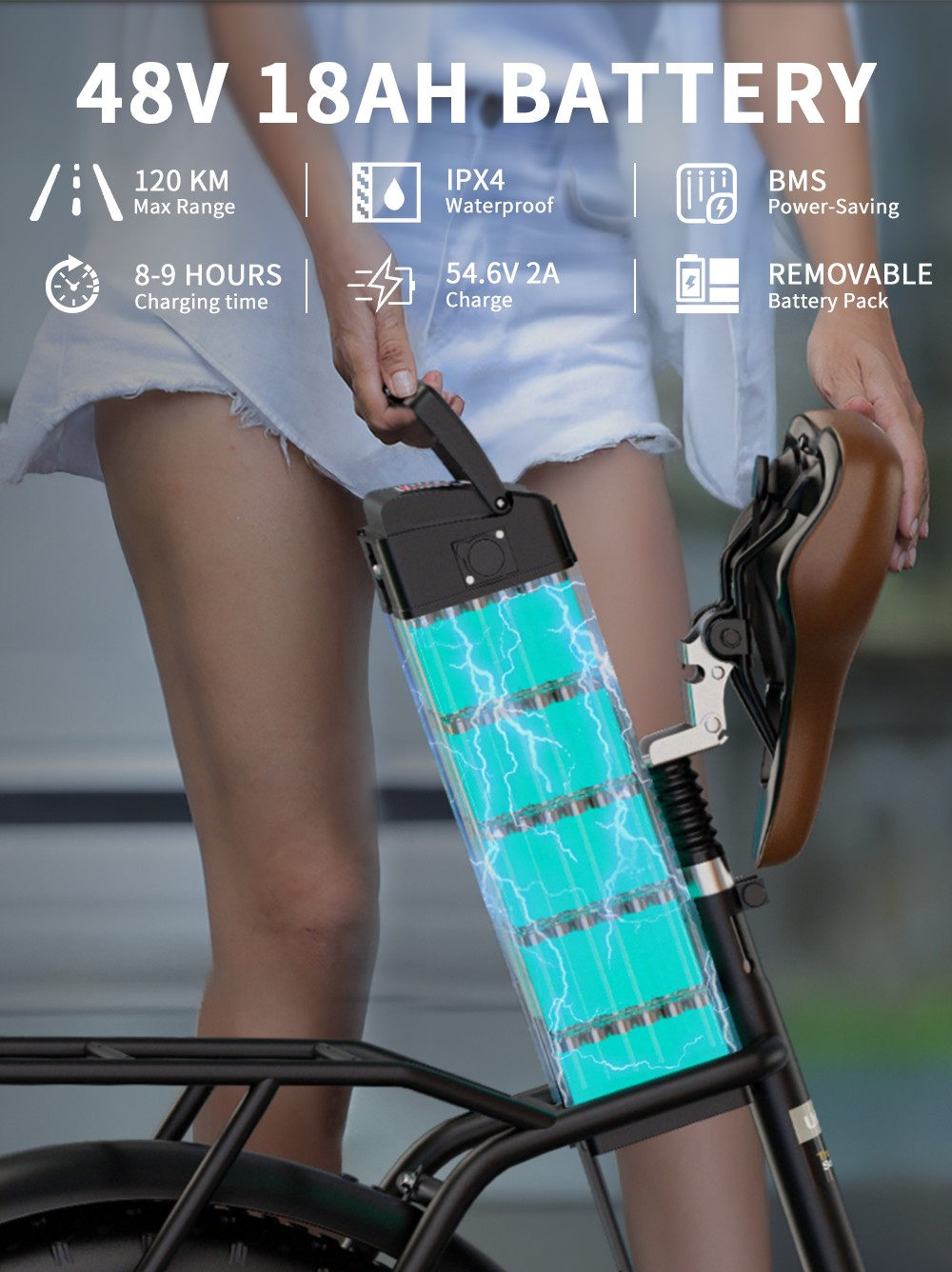 Una persona tiene una batteria rimovibile per e-bike da 48V 18AH con celle luminose.