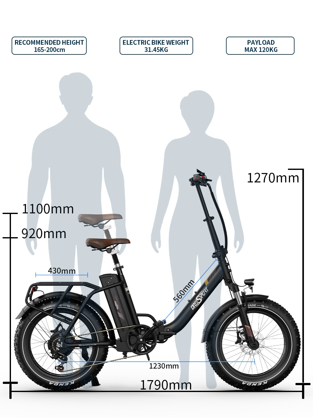 Uno schema di e-bike nero con dimensioni e silhouette per la raccomandazione della taglia.