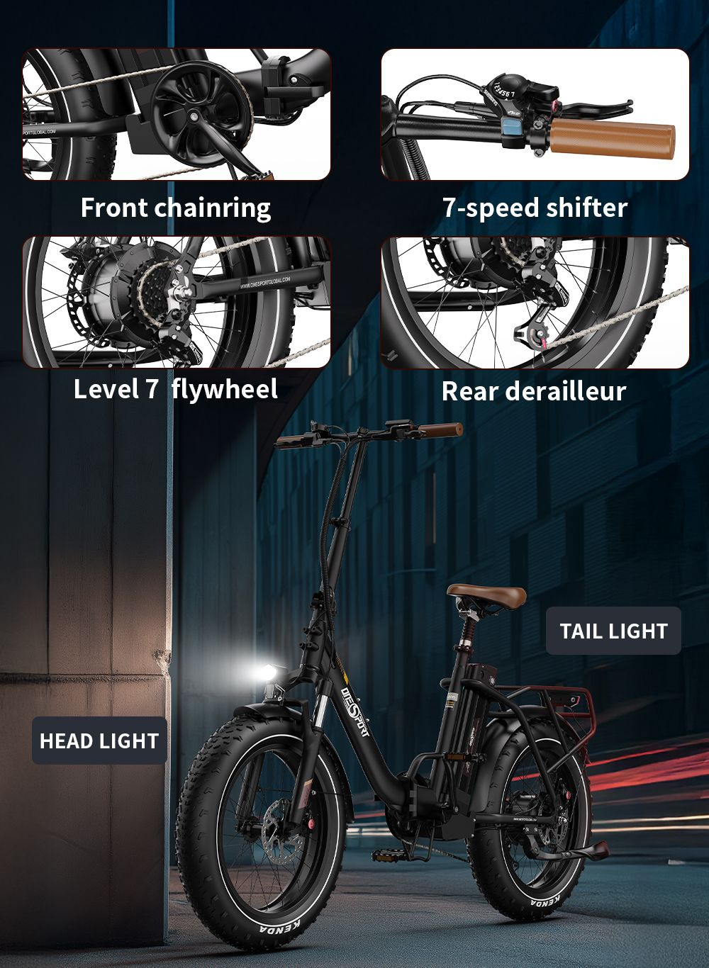 Bici elettrica nera con pneumatici larghi, faro, fanale posteriore e marce.