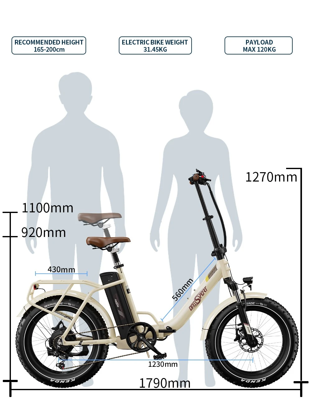 Una e-bike color crema con pneumatici grassi accanto a due silhouette. Vengono mostrate le dimensioni.