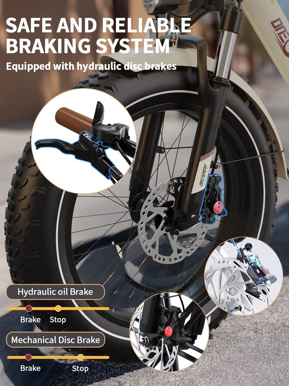 Primo piano dei freni a disco idraulici di una bicicletta con testo.