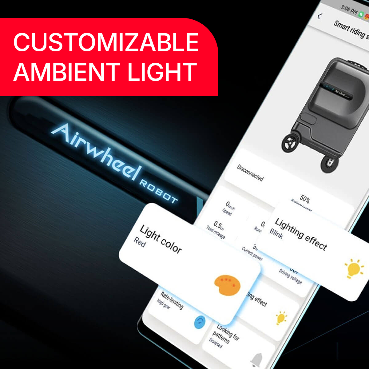 Ein Smartphone zeigt eine App mit einem Trolley-Roboter. Es gibt Optionen für Lichtfarbe und -effekt.