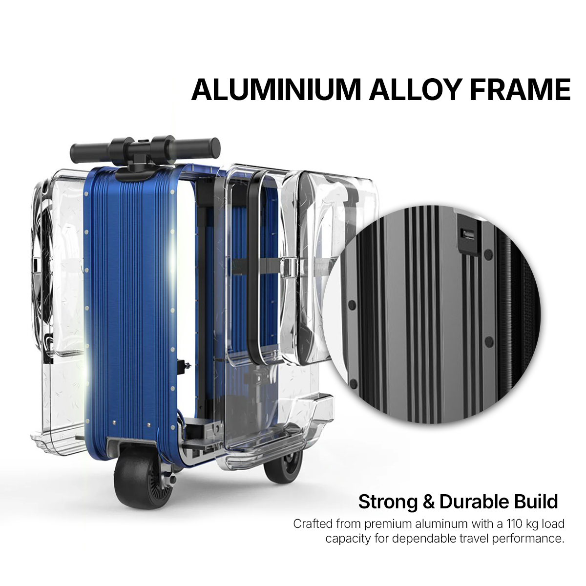 Blauer Aluminium-Koffer mit transparenten Elementen und Rädern.