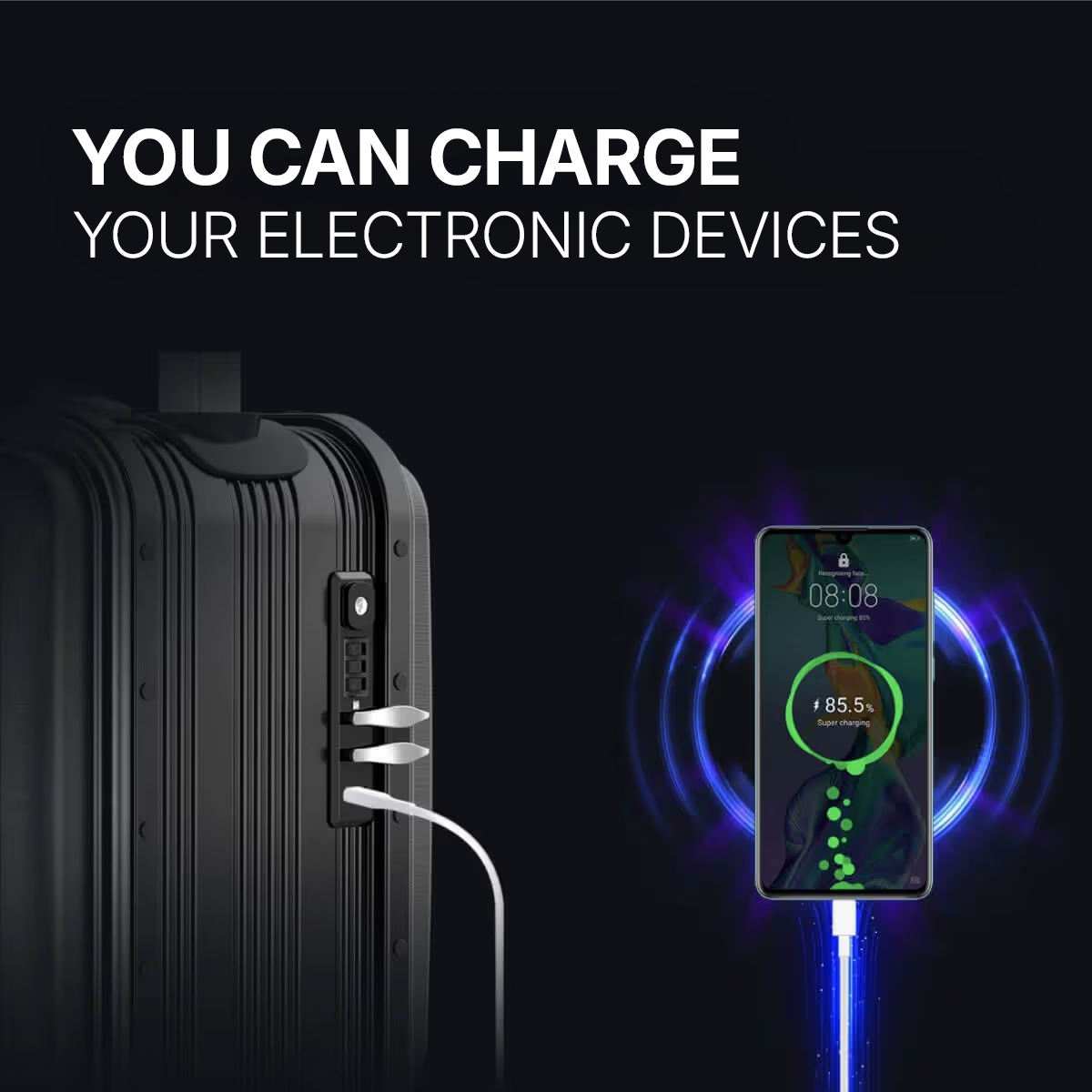 Maleta negra con puertos USB cargando un smartphone que muestra 85,5%.