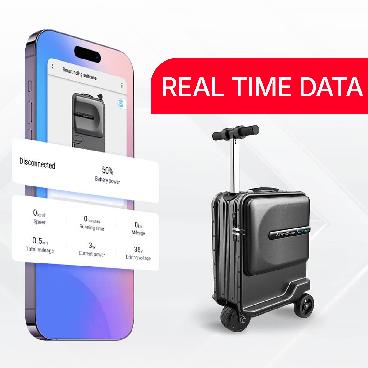 Ein grauer Smart-Koffer mit Rädern und ausziehbarem Griff daneben ein Handy mit Daten.