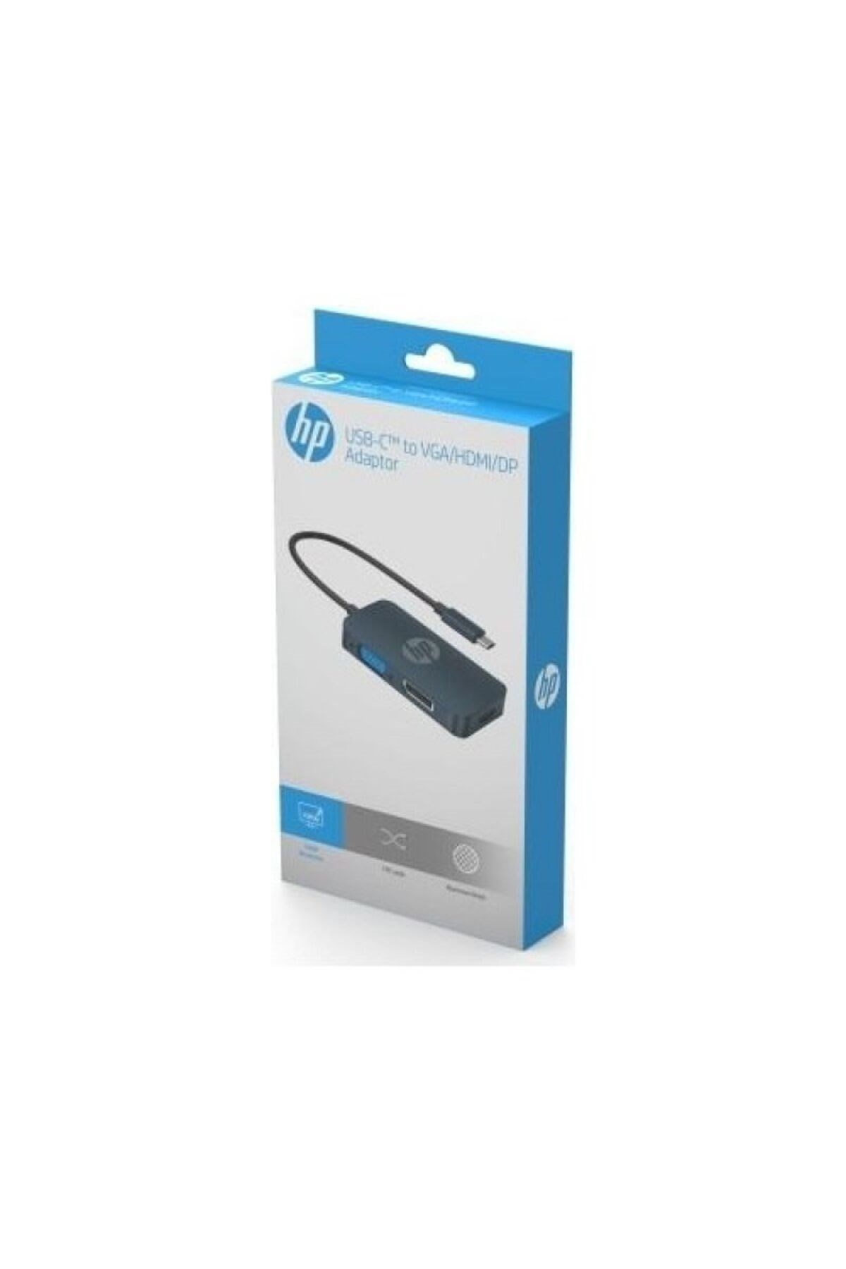 HP USB-C - VGA/HDMI/DP adaptörü kutusunda, beyaz arka plan üzerinde.