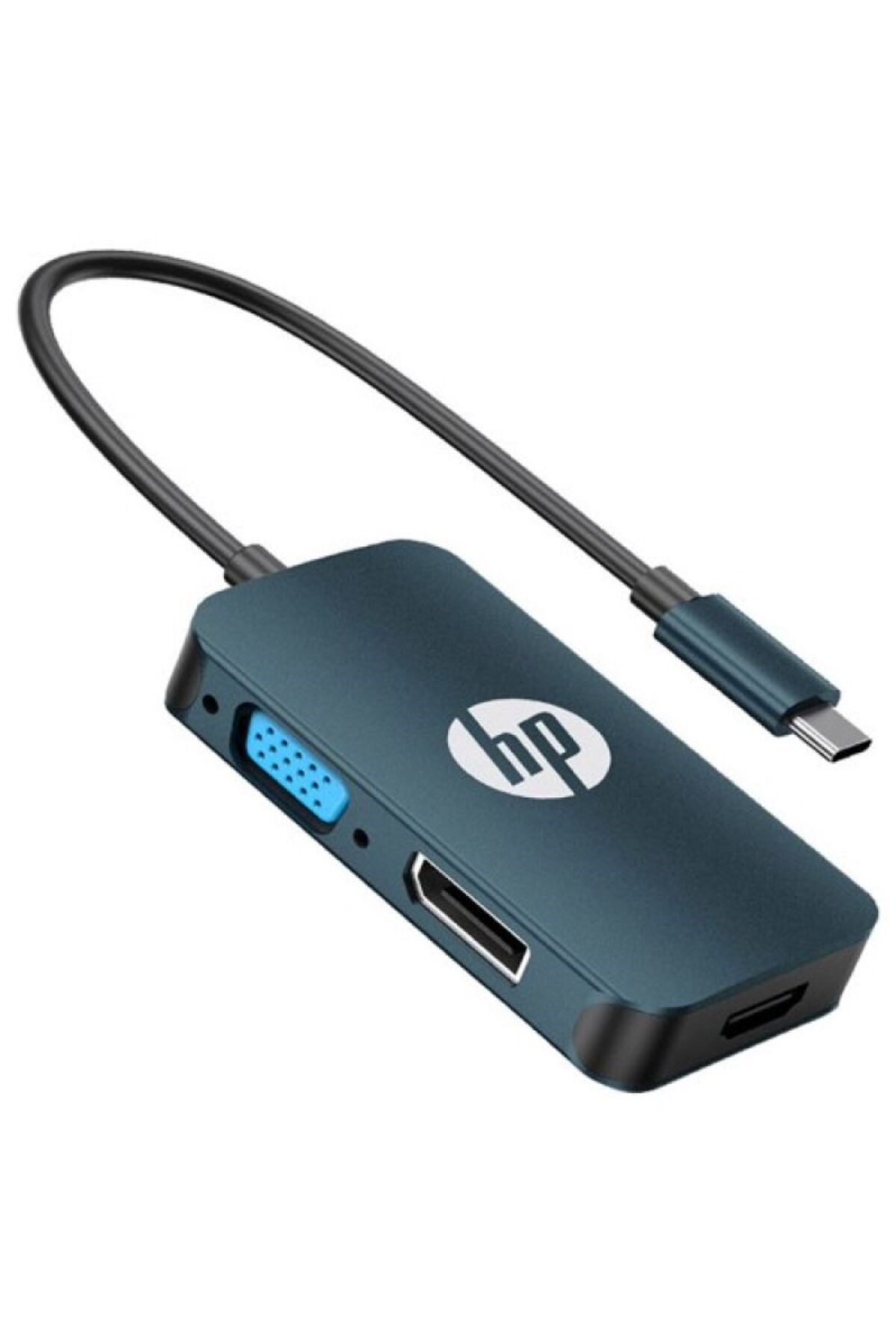 HDMI, VGA ve USB bağlantı noktalarına sahip mavi HP USB-C hub.