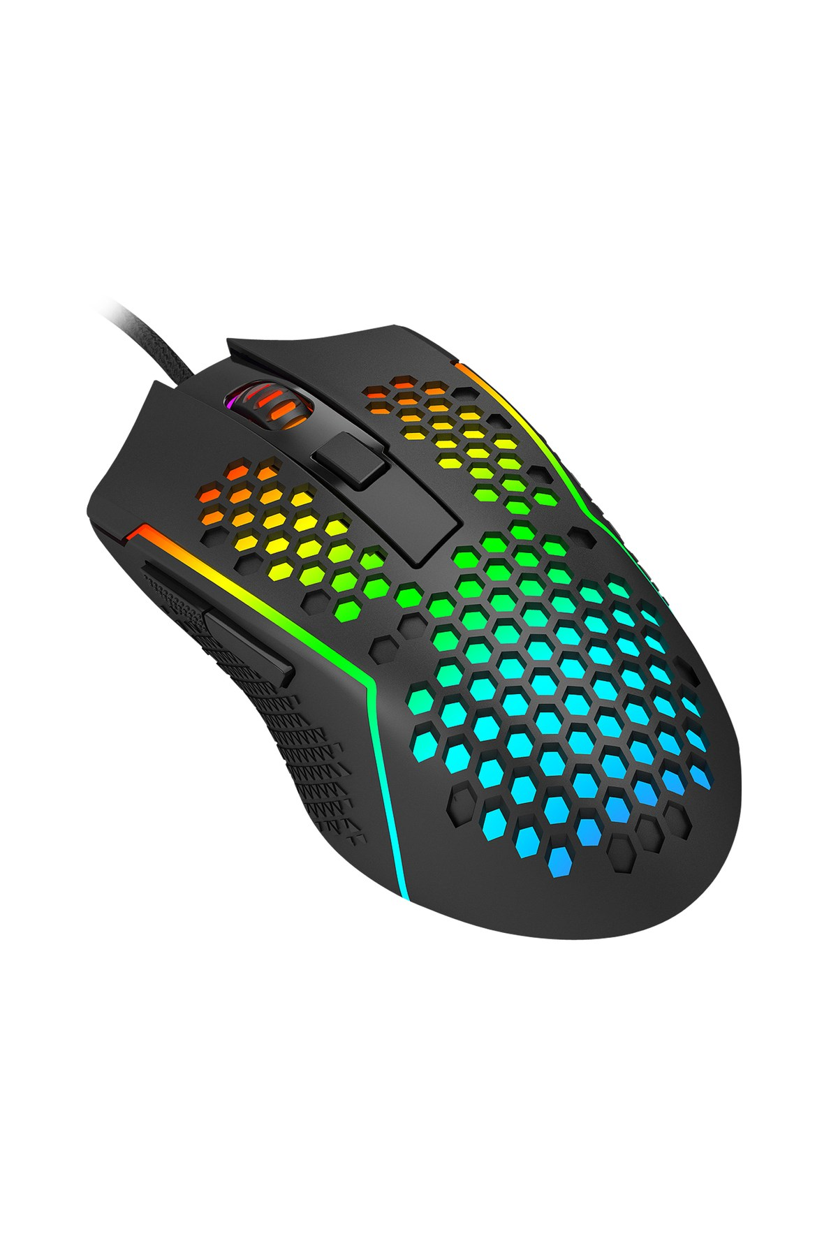 Bal peteği tasarımlı ve RGB aydınlatmalı siyah oyuncu faresi.