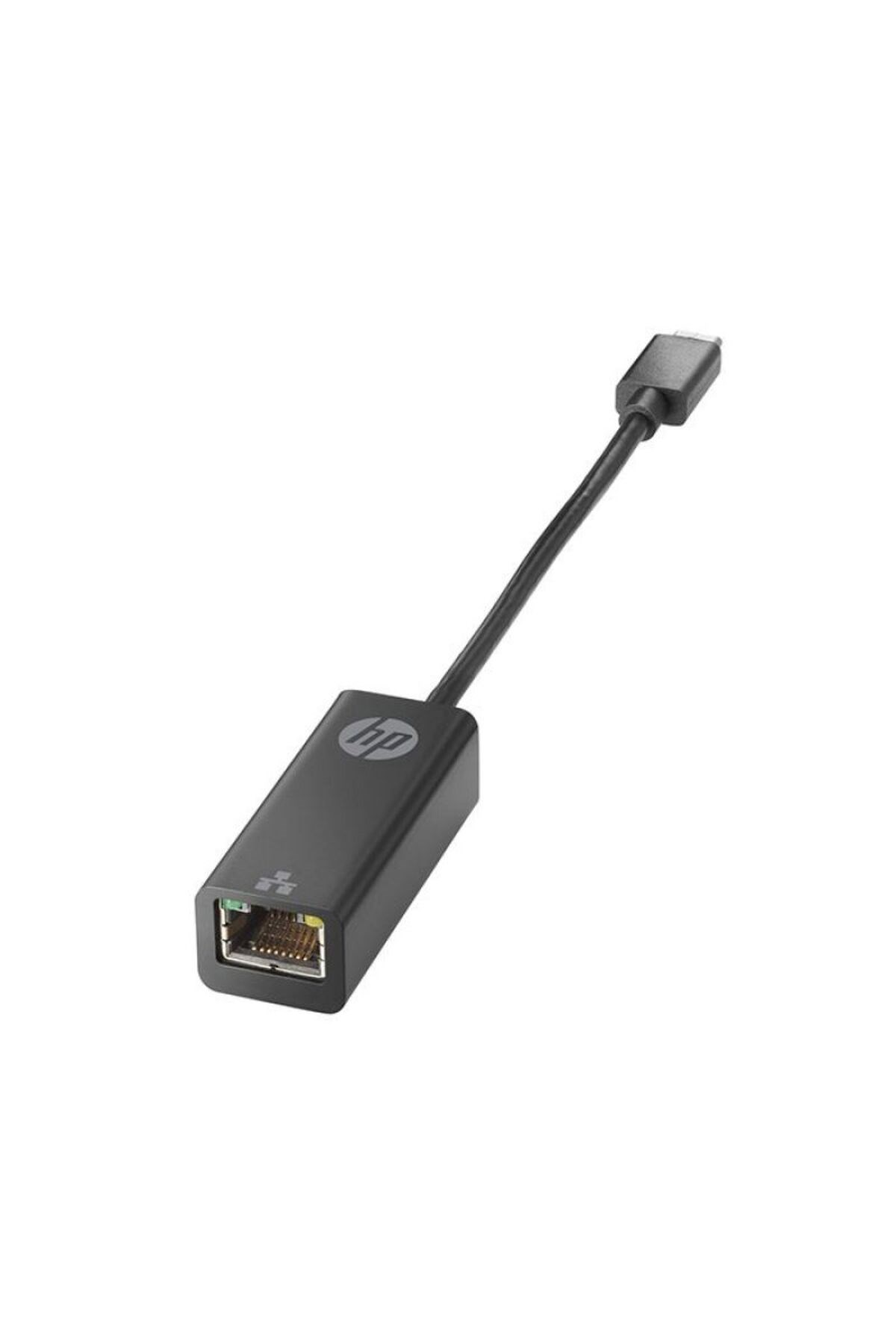 Görünür RJ45 portlu siyah HP USB-C - Ethernet adaptörü.