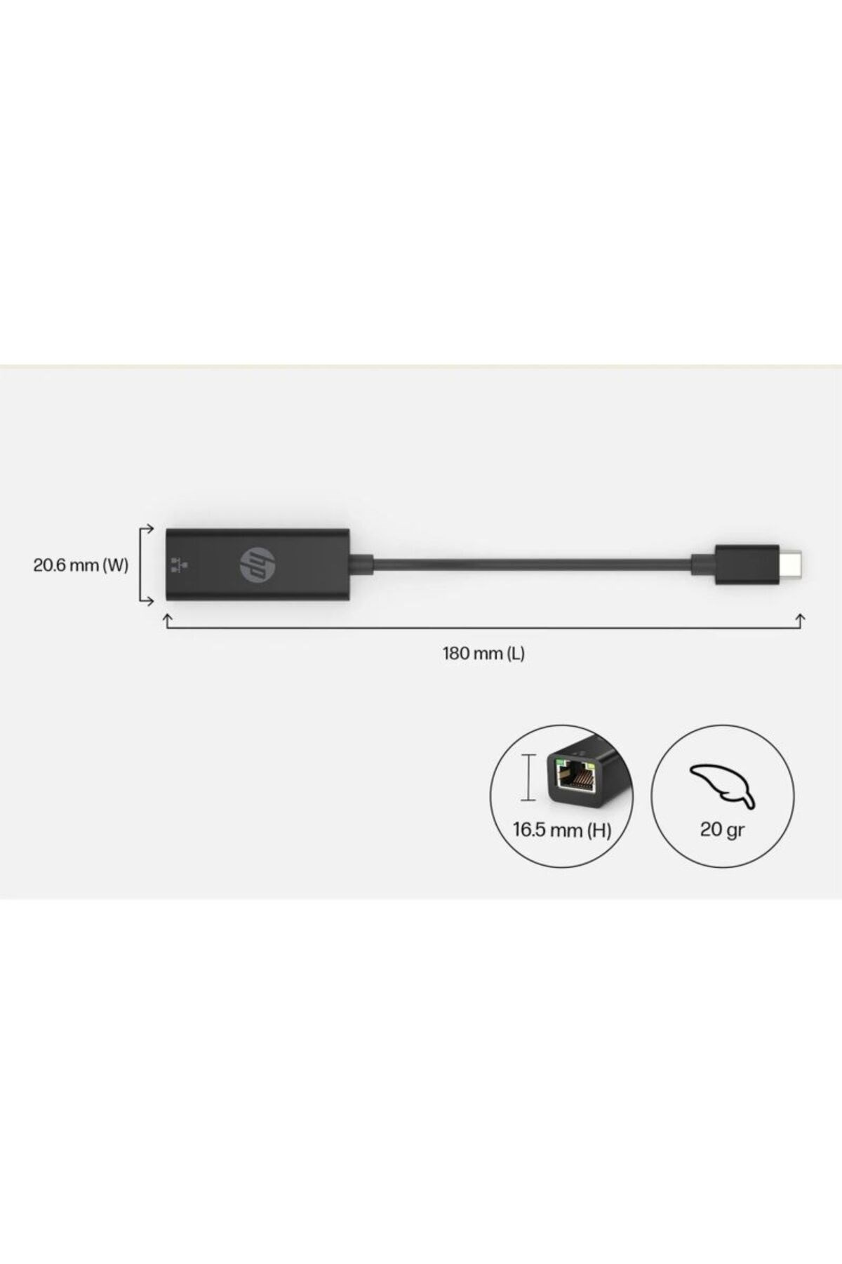 USB-C ve Ethernet portlu siyah HP adaptör, boyutlar 180x20.6x16.5mm, 20g.