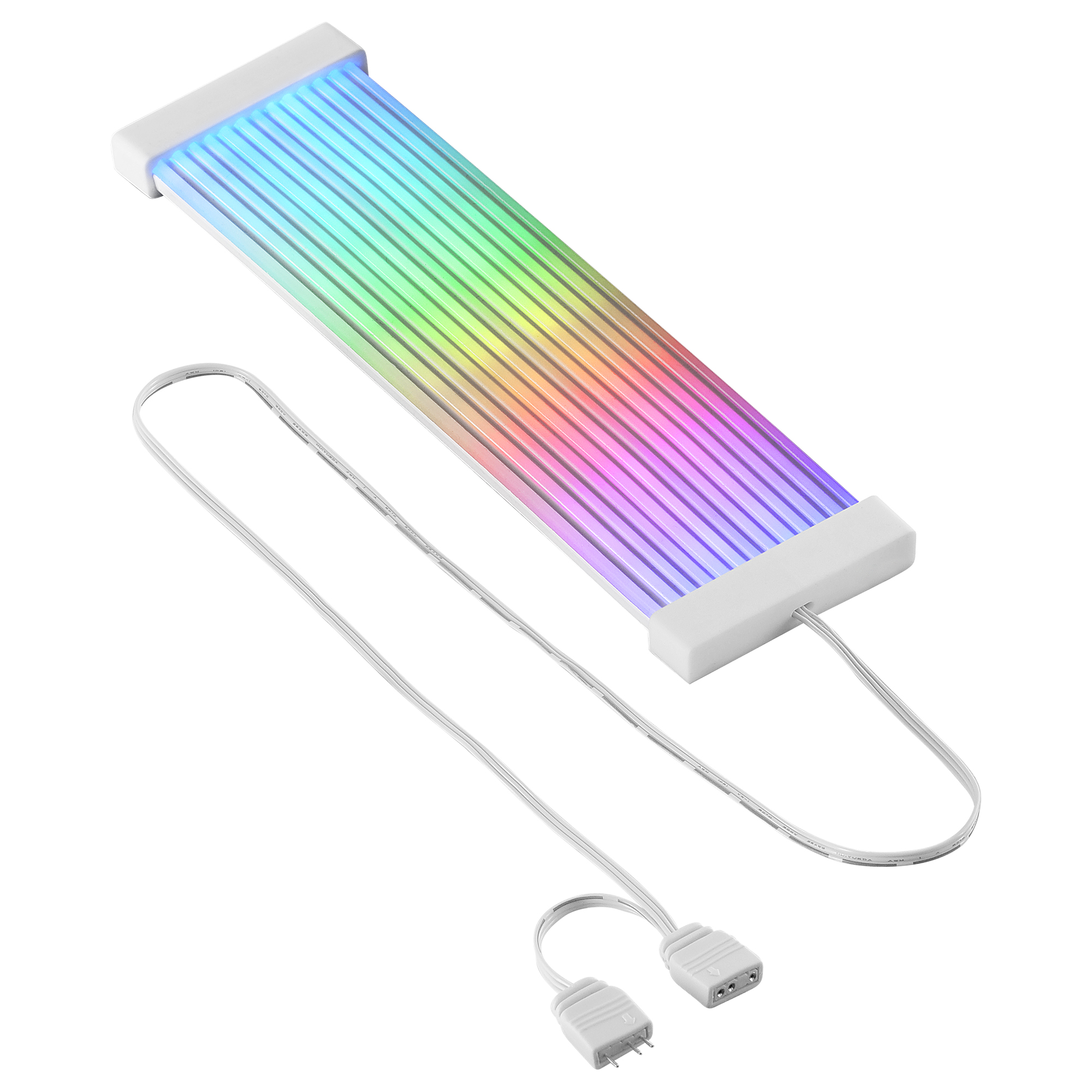 Una tira de luz LED rectangular con colores arcoíris, carcasa blanca y cable.