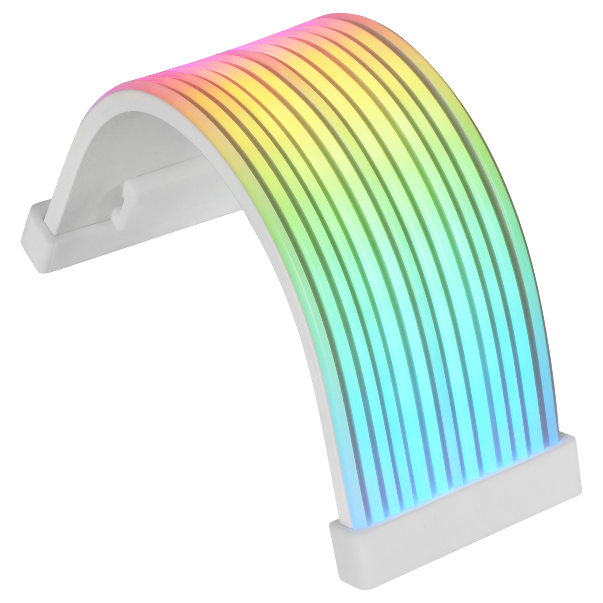 Un arco blanco con LEDs RGB de colores brilla de rosa a azul.