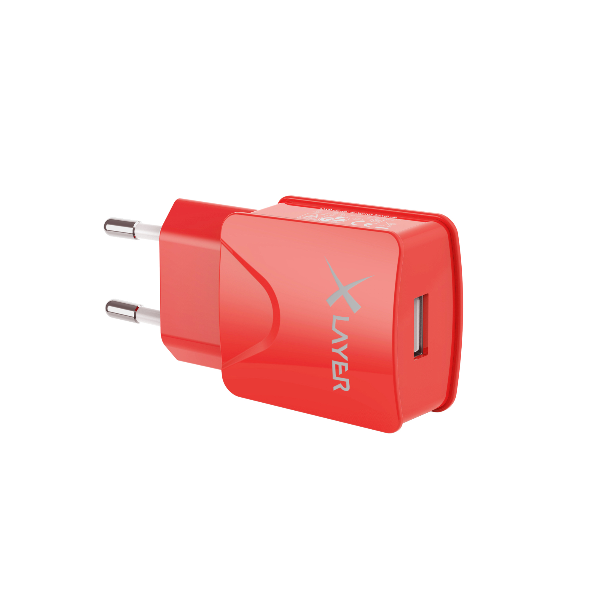 Ein roter USB-Adapter mit zwei Metallstiften und einem USB-Anschluss.