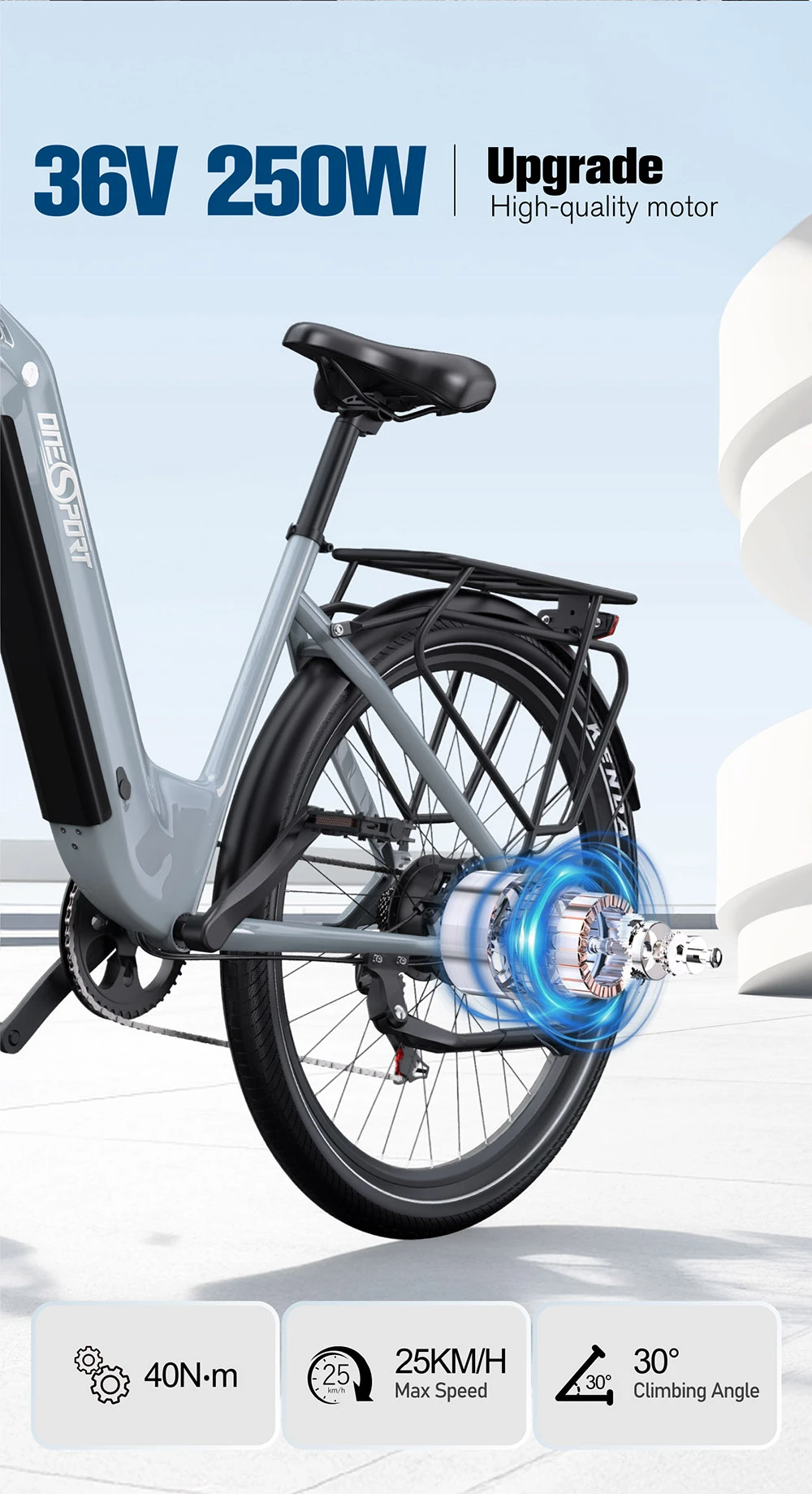 Bicicleta eléctrica gris con motor, 40 Nm de par, 25 km/h máx. velocidad, 30° ángulo de subida.