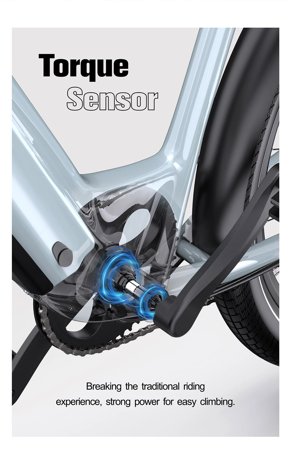 Primer plano del sensor de torque de una bicicleta con anillos azules alrededor de la biela.