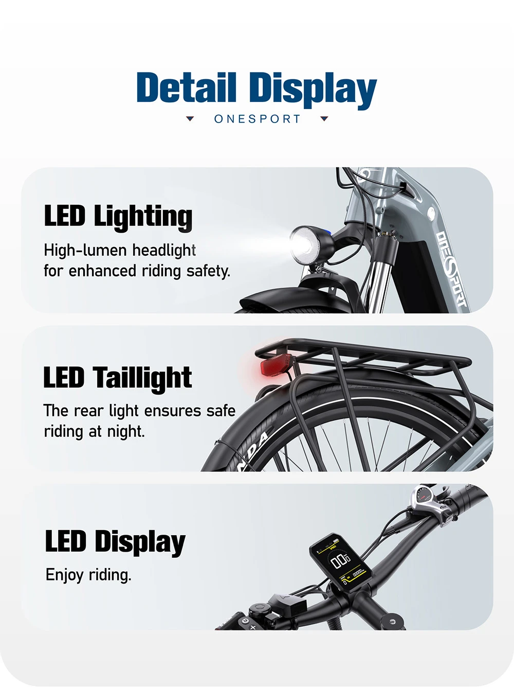 Detalles de e-bike: faro LED, luz trasera y pantalla.
