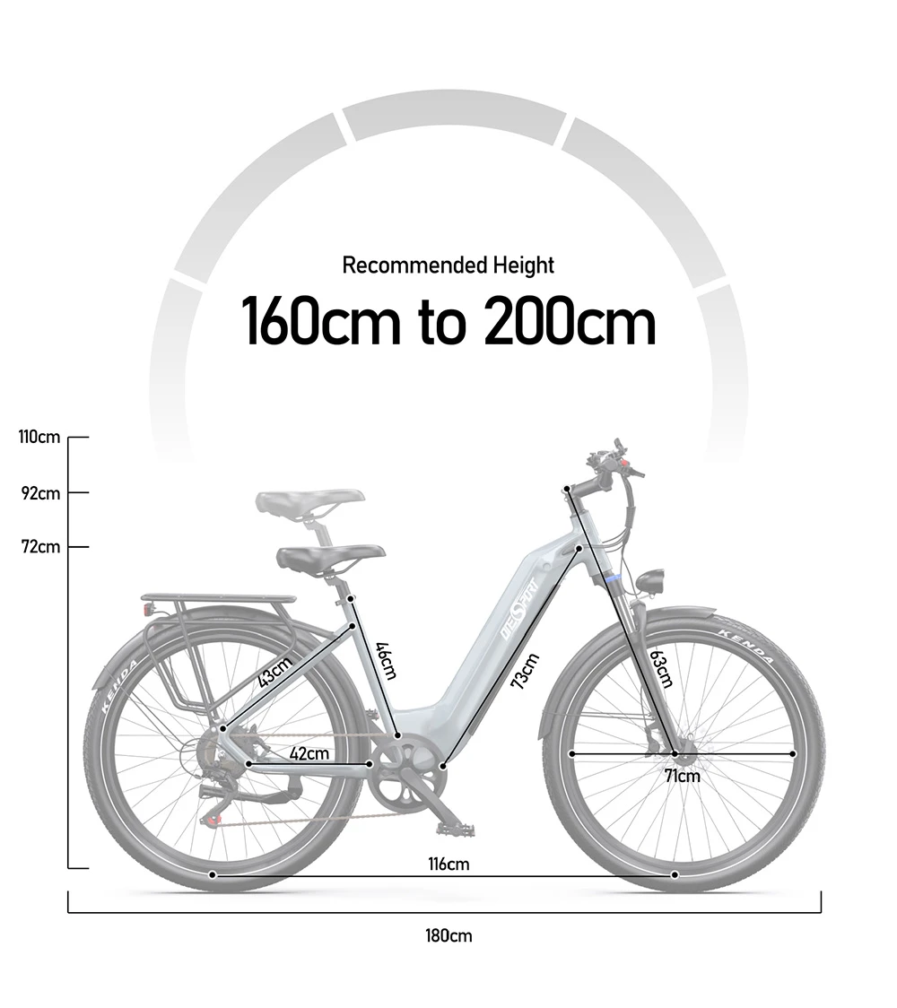 Ilustración de una bicicleta eléctrica gris con marcas de altura y dimensiones.