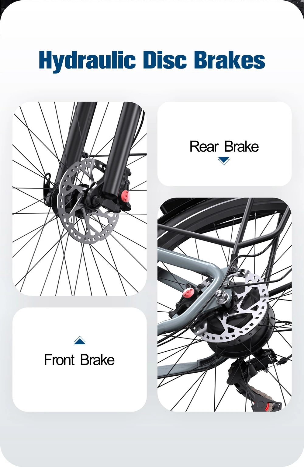 Frenos de disco hidráulicos delanteros y traseros de bicicleta detallados.