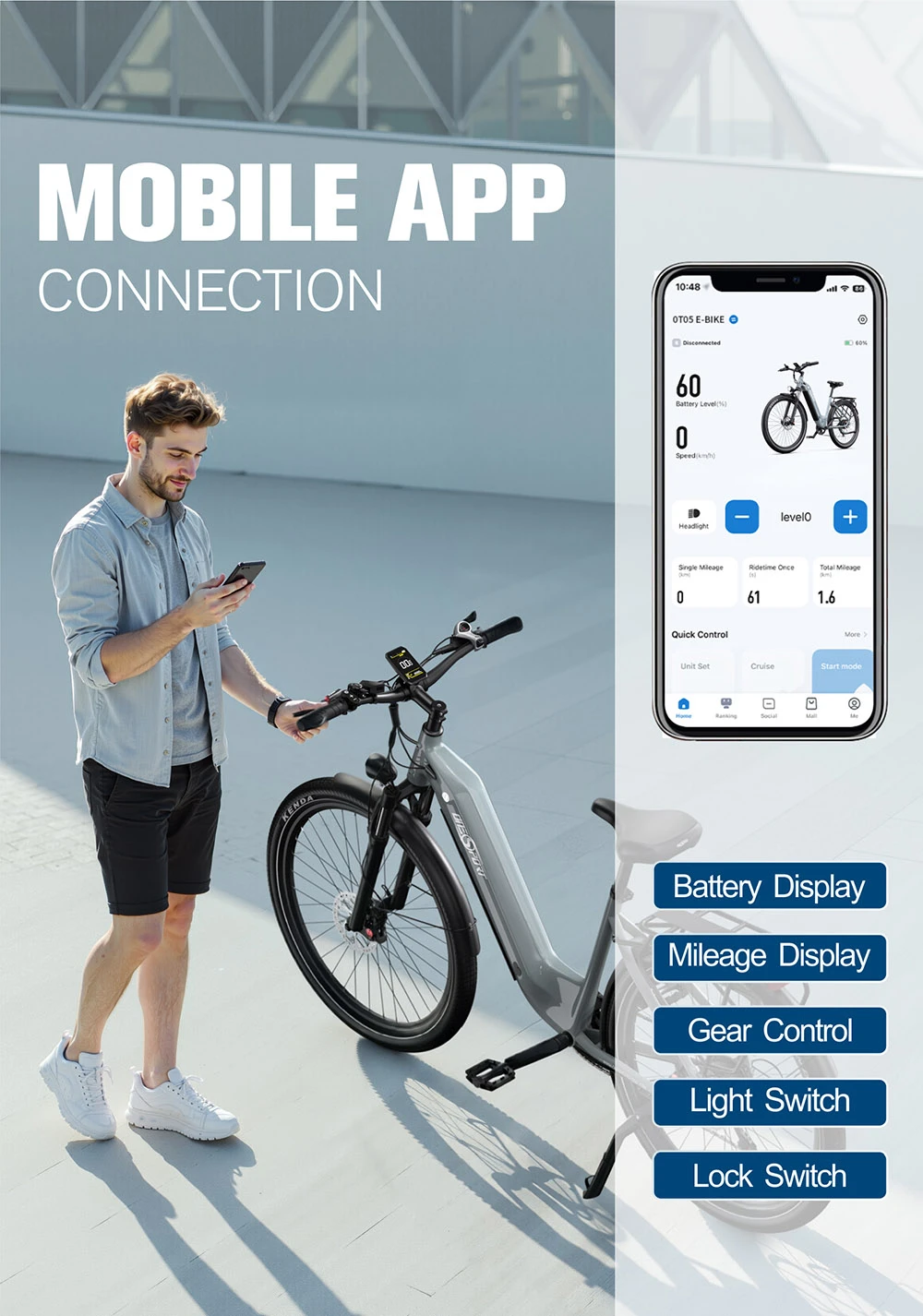 Hombre con smartphone junto a e-bike; app muestra estado de batería y controles.