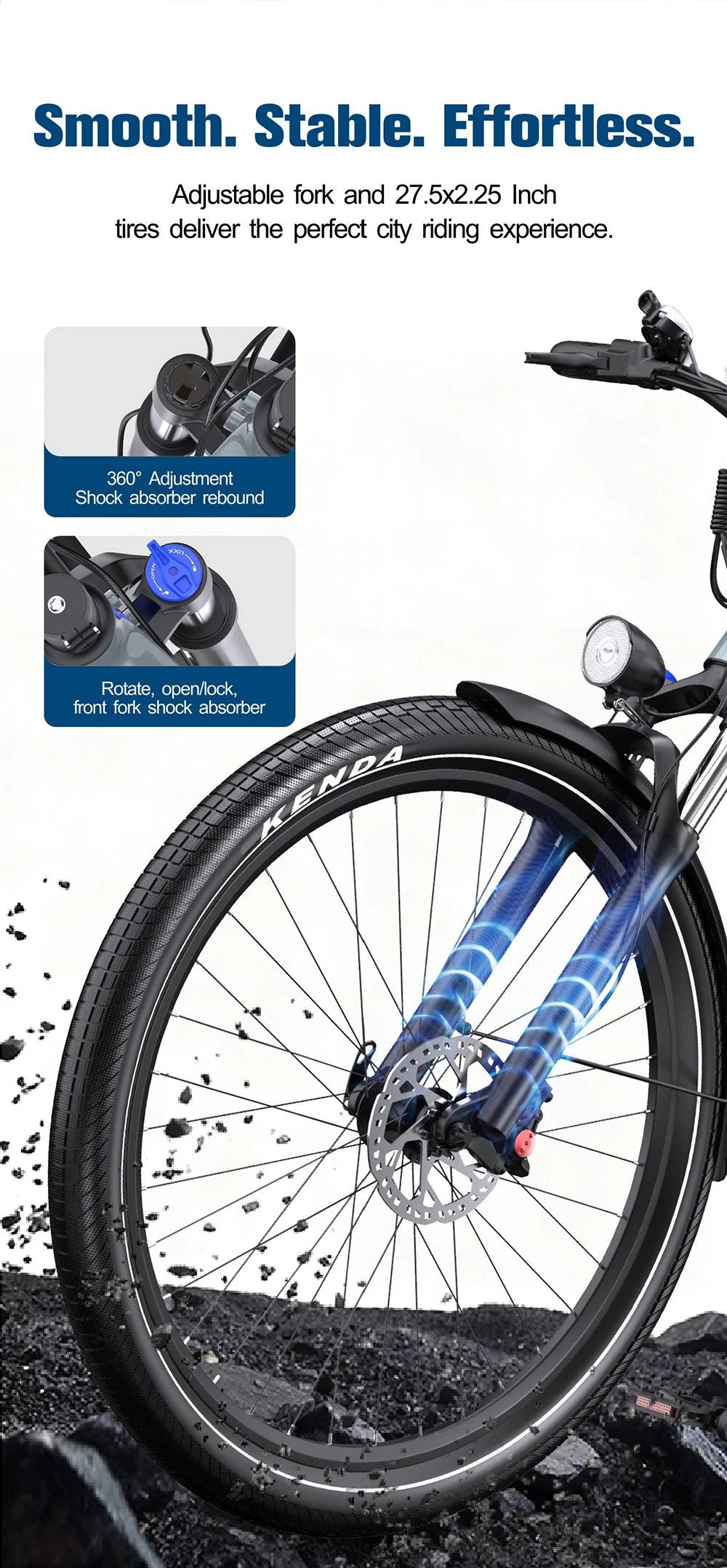 Primer plano de la rueda delantera de una bicicleta, suspensión y frenos.