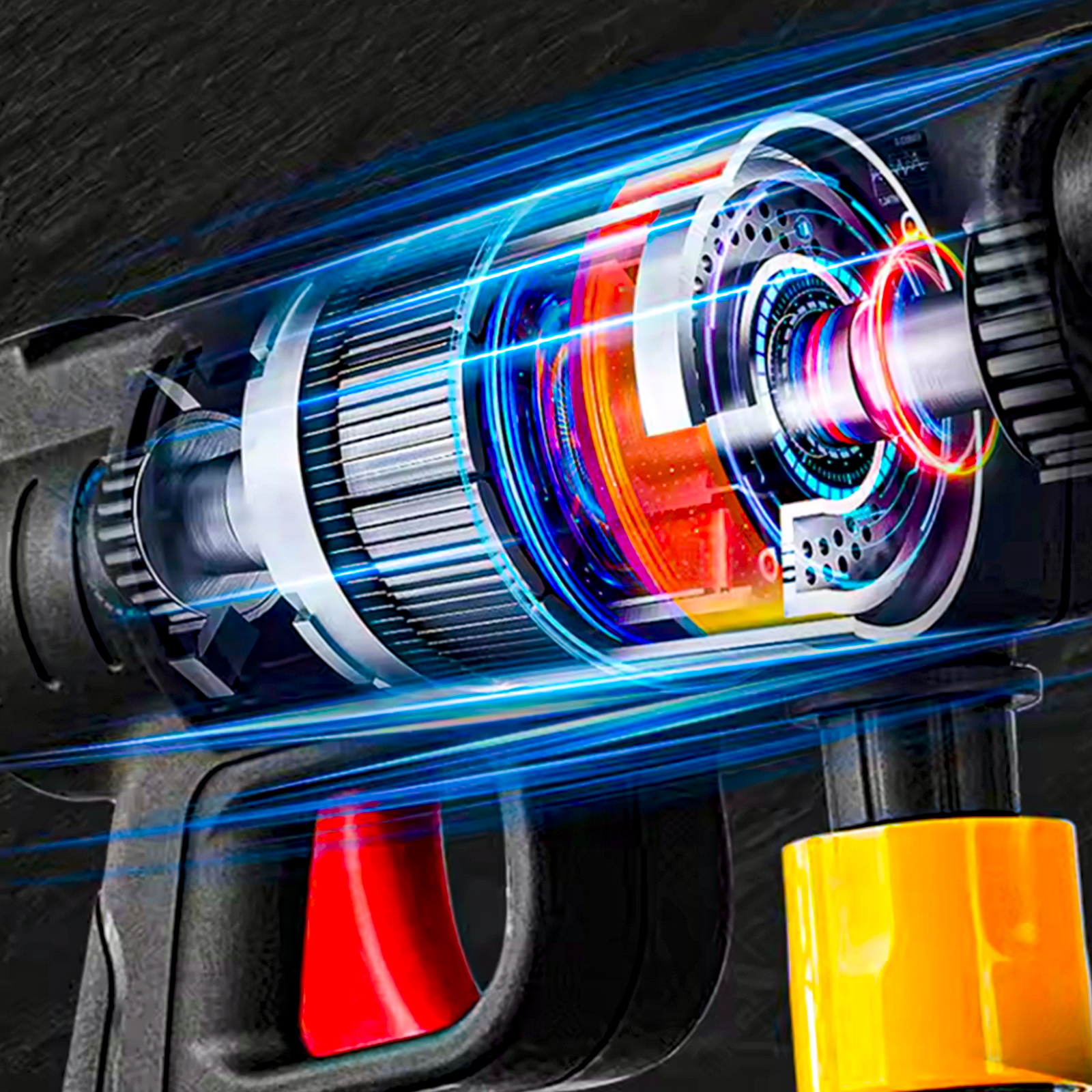 Primer plano del interior de un motor con rayos de luz azul y acentos rojos.