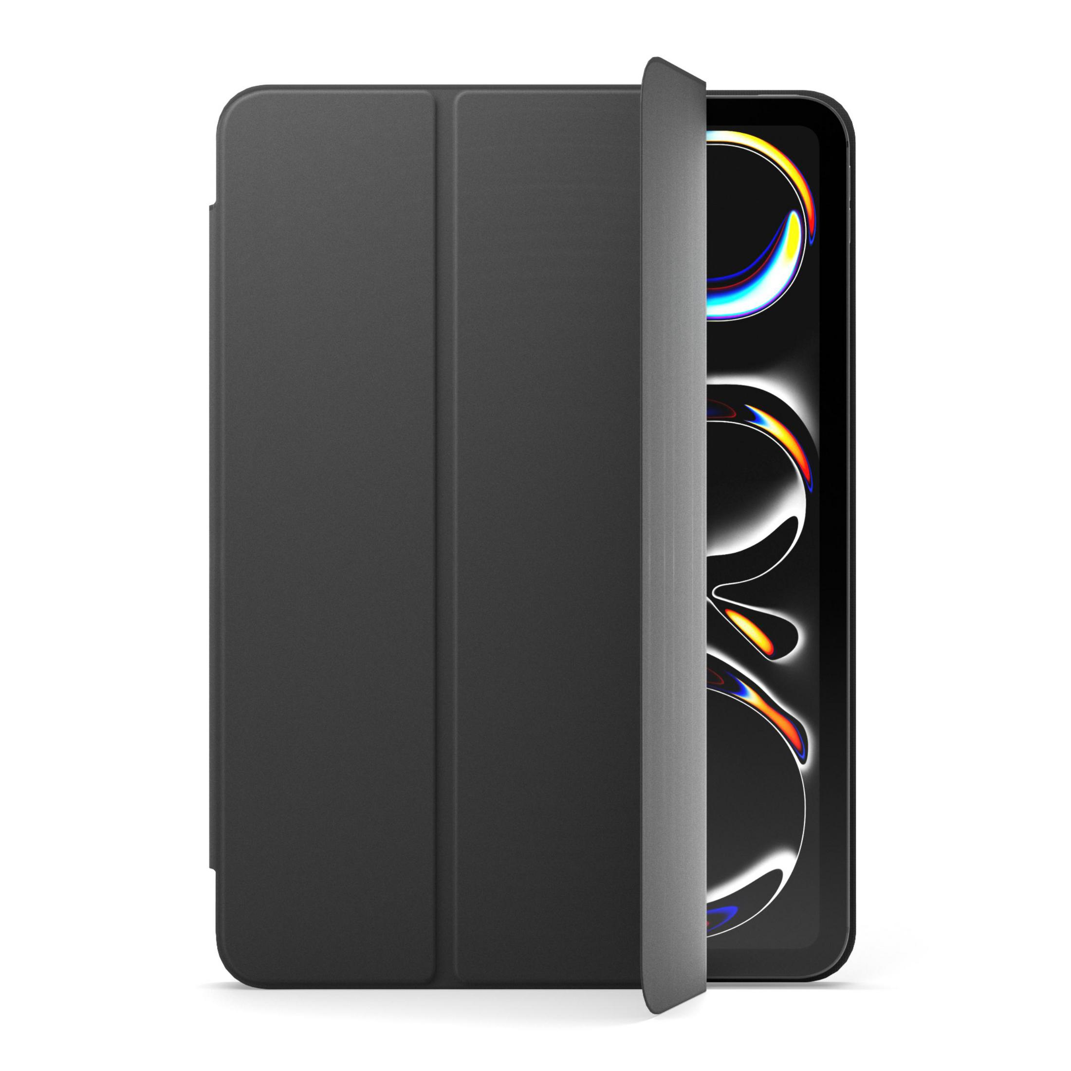 Un tablet nero con la copertina aperta, che mostra un motivo astratto sullo schermo.