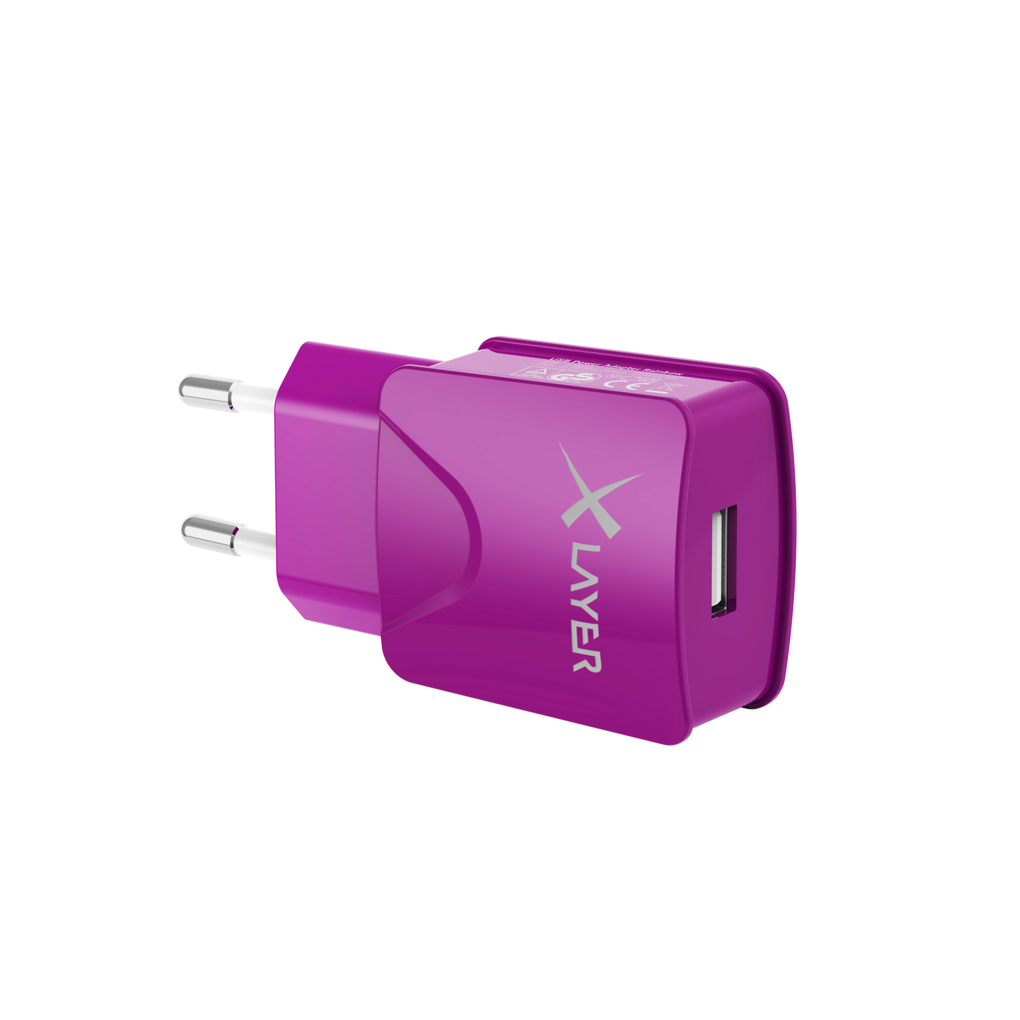 Lila USB-Ladegerät mit zwei Stiften und einem USB-Anschluss, Logo seitlich.
