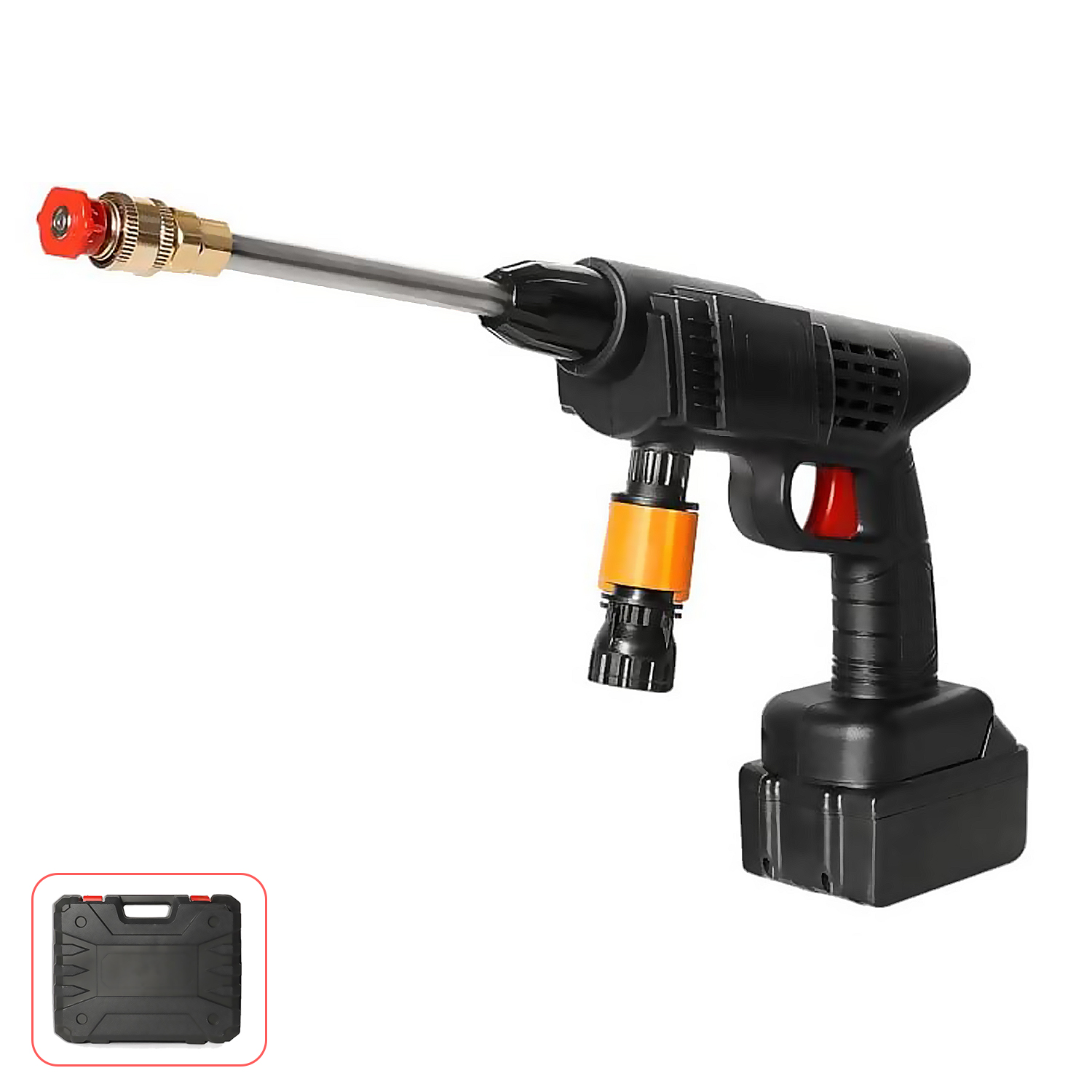 Hidrolimpiadora inalámbrica negra con boquilla roja y conector naranja. Incluye maletín.