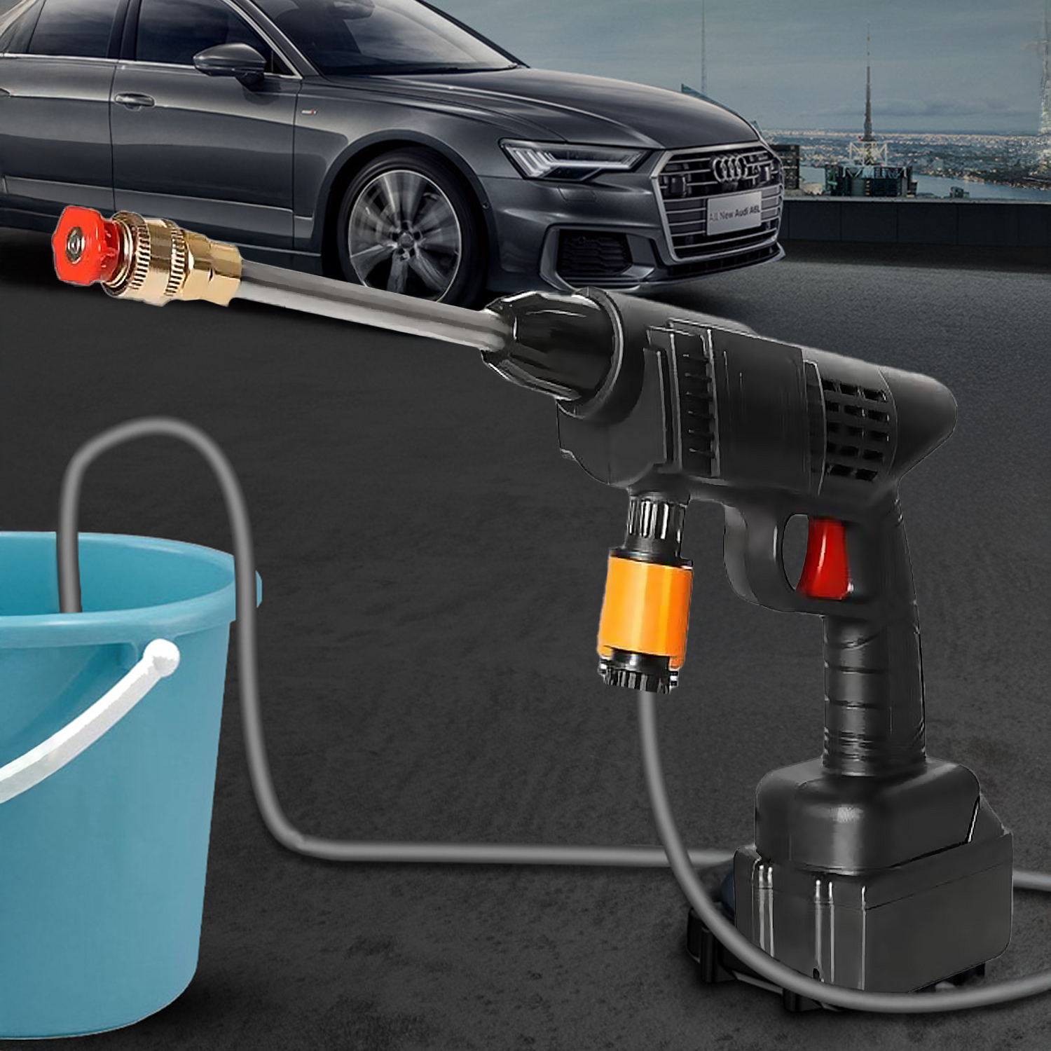 Una hidrolimpiadora portátil succiona agua de un cubo azul junto a un coche.
