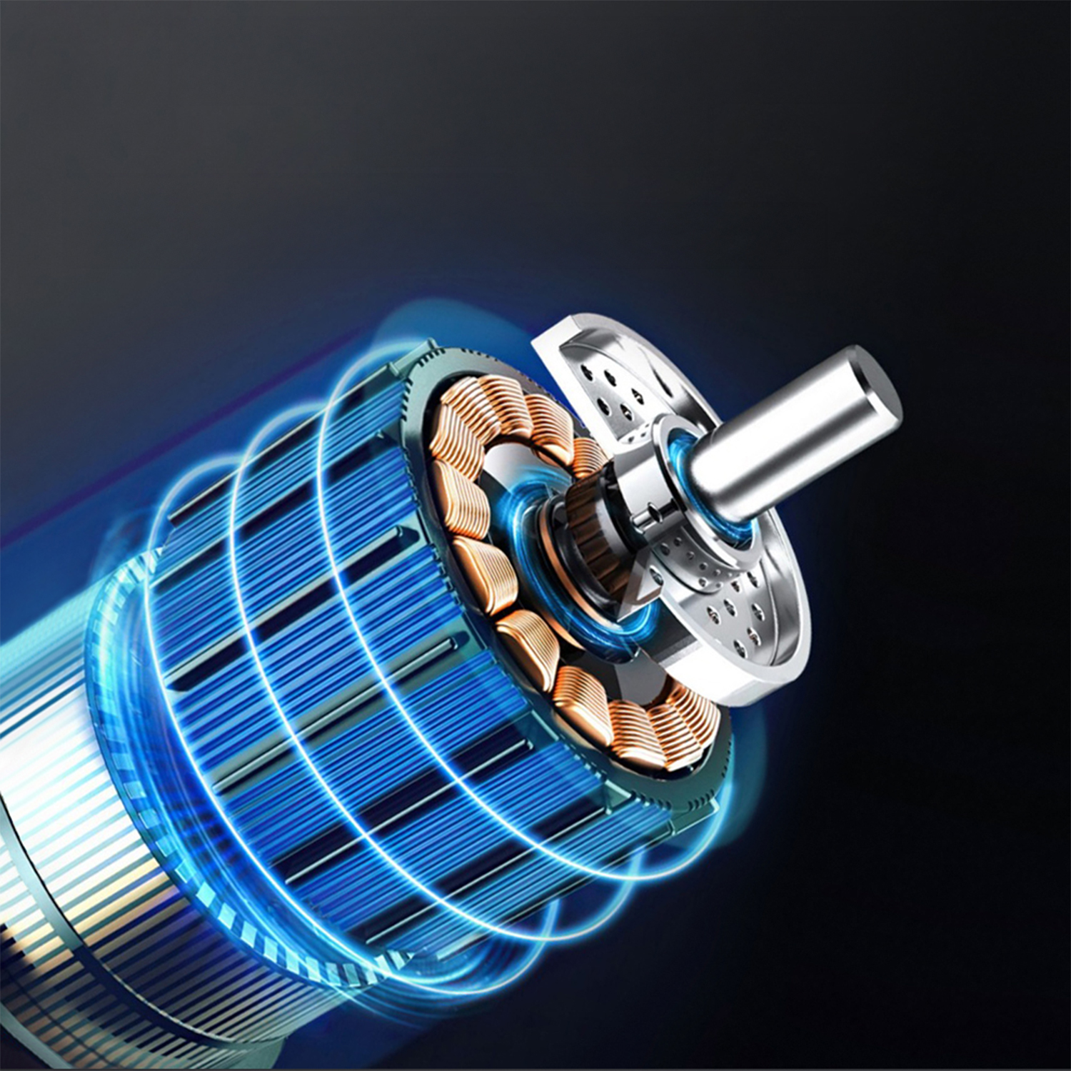 Primer plano de un motor eléctrico con bobinado de cobre y componentes metálicos.