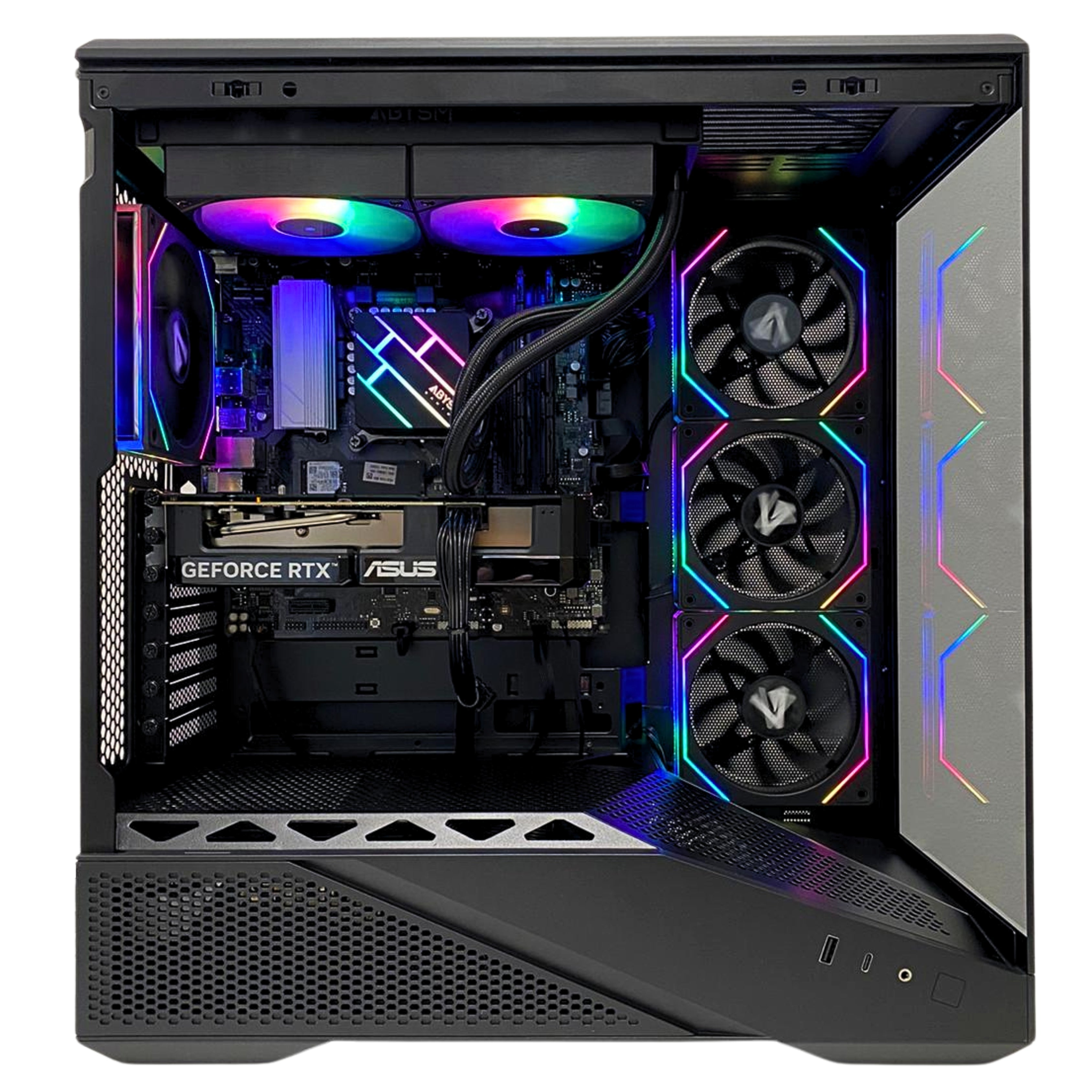 Un PC da gaming aperto con ventole RGB, scheda grafica e scheda madre.