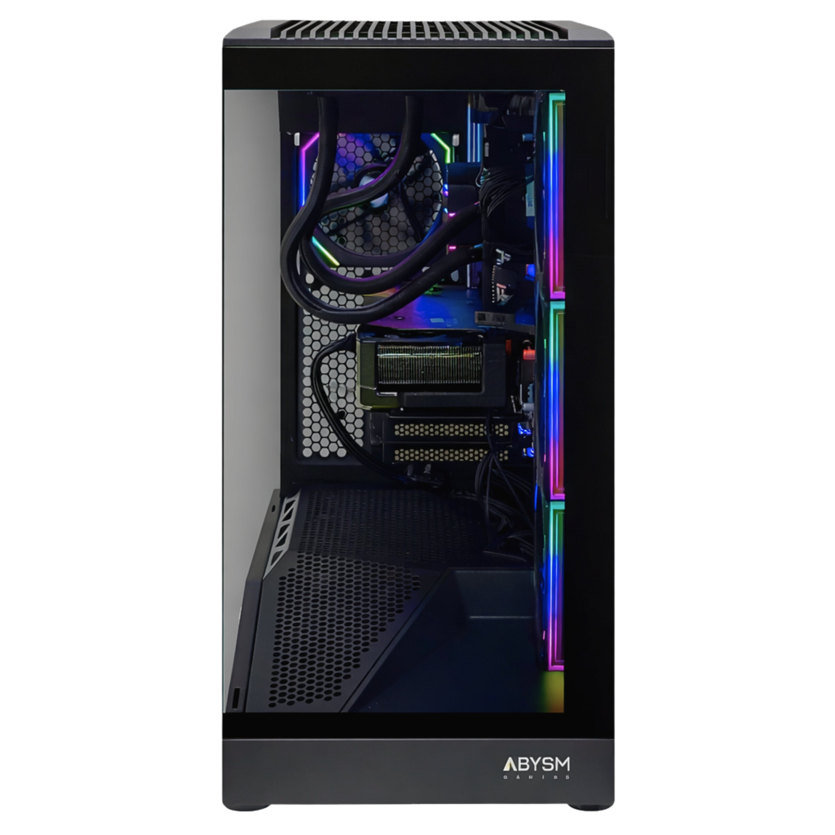 Un case PC nero con finestra in vetro, che mostra componenti interni con illuminazione RGB.