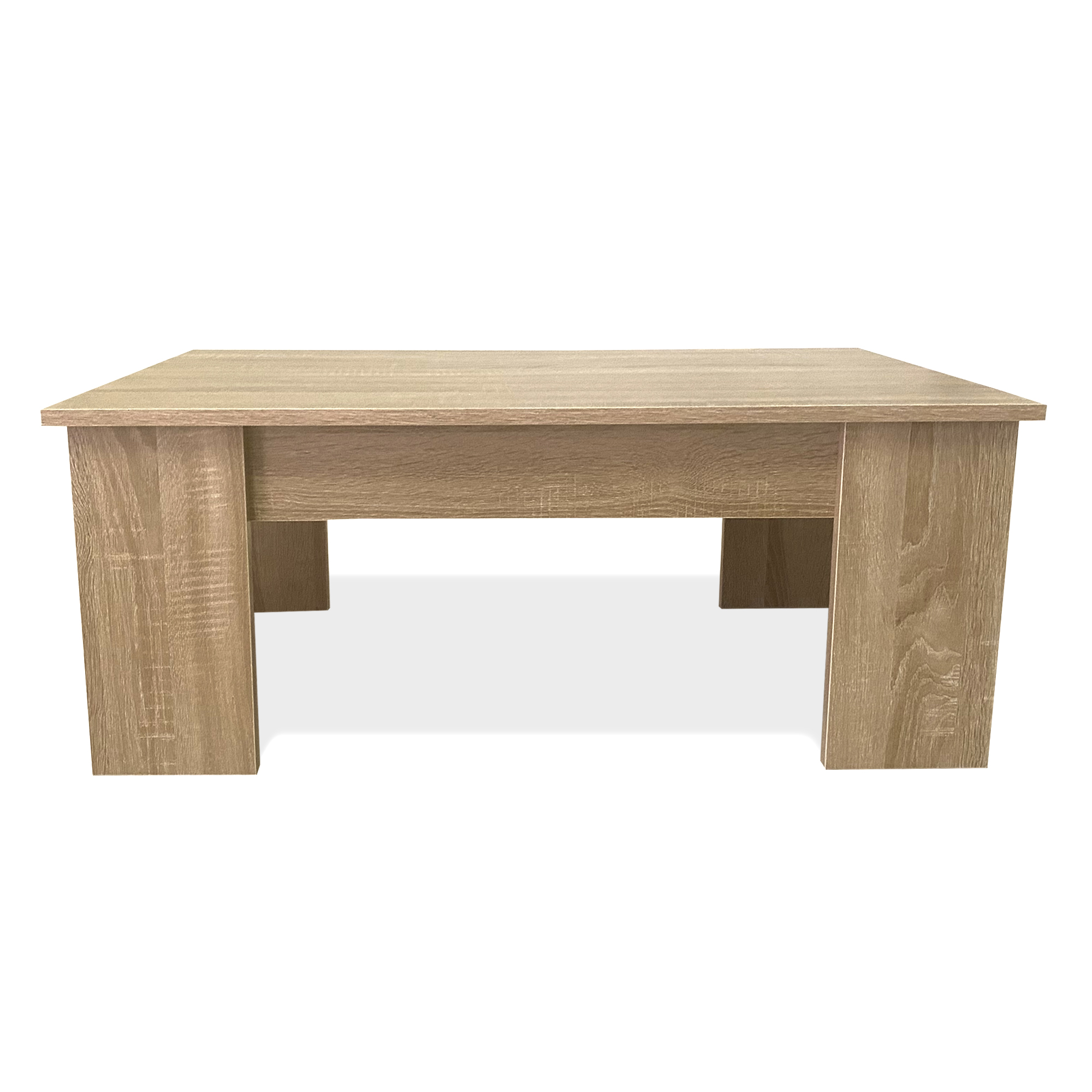 Una mesa de centro de madera clara con tablero rectangular y cuatro patas.