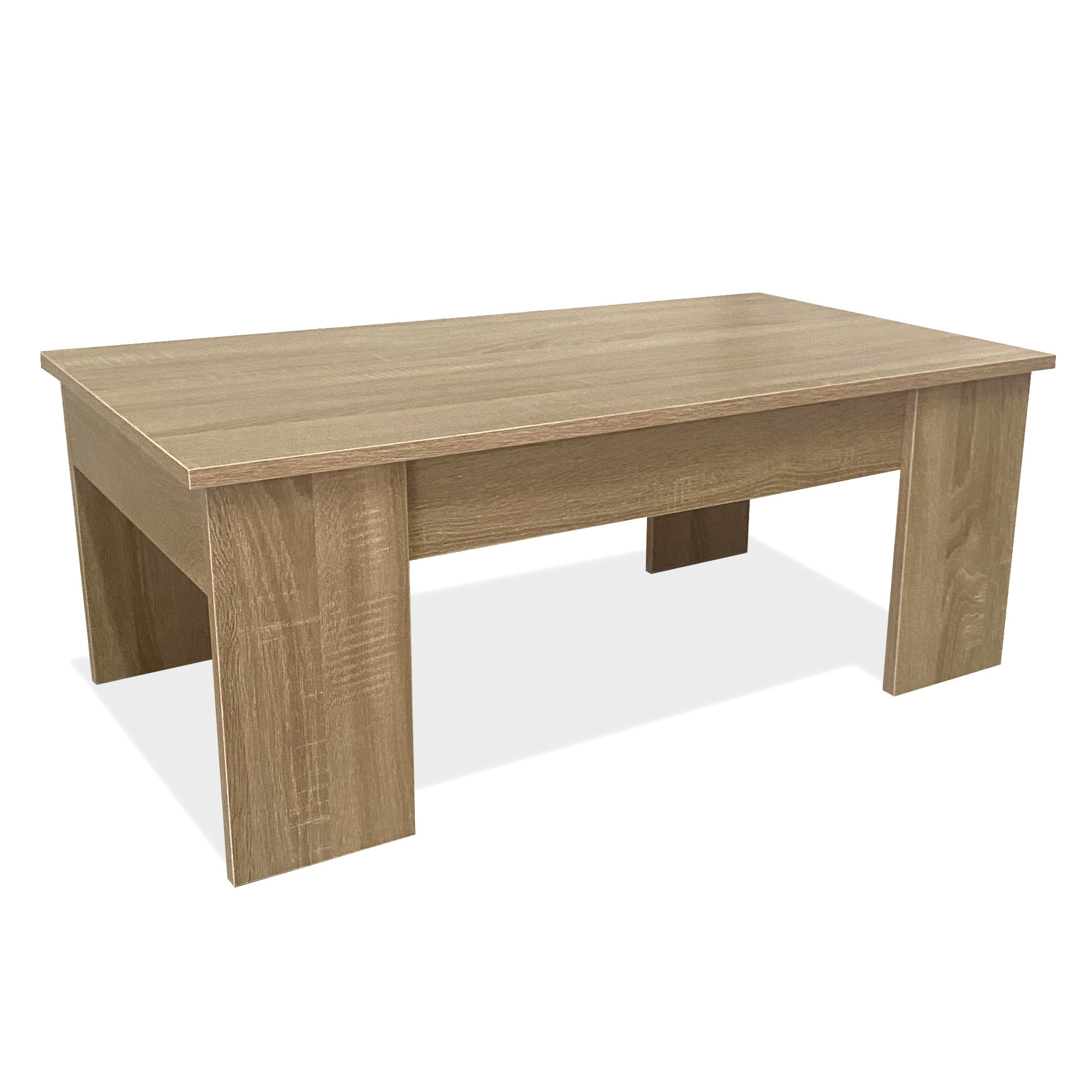Una mesa de centro rectangular con veta de madera sobre fondo blanco.