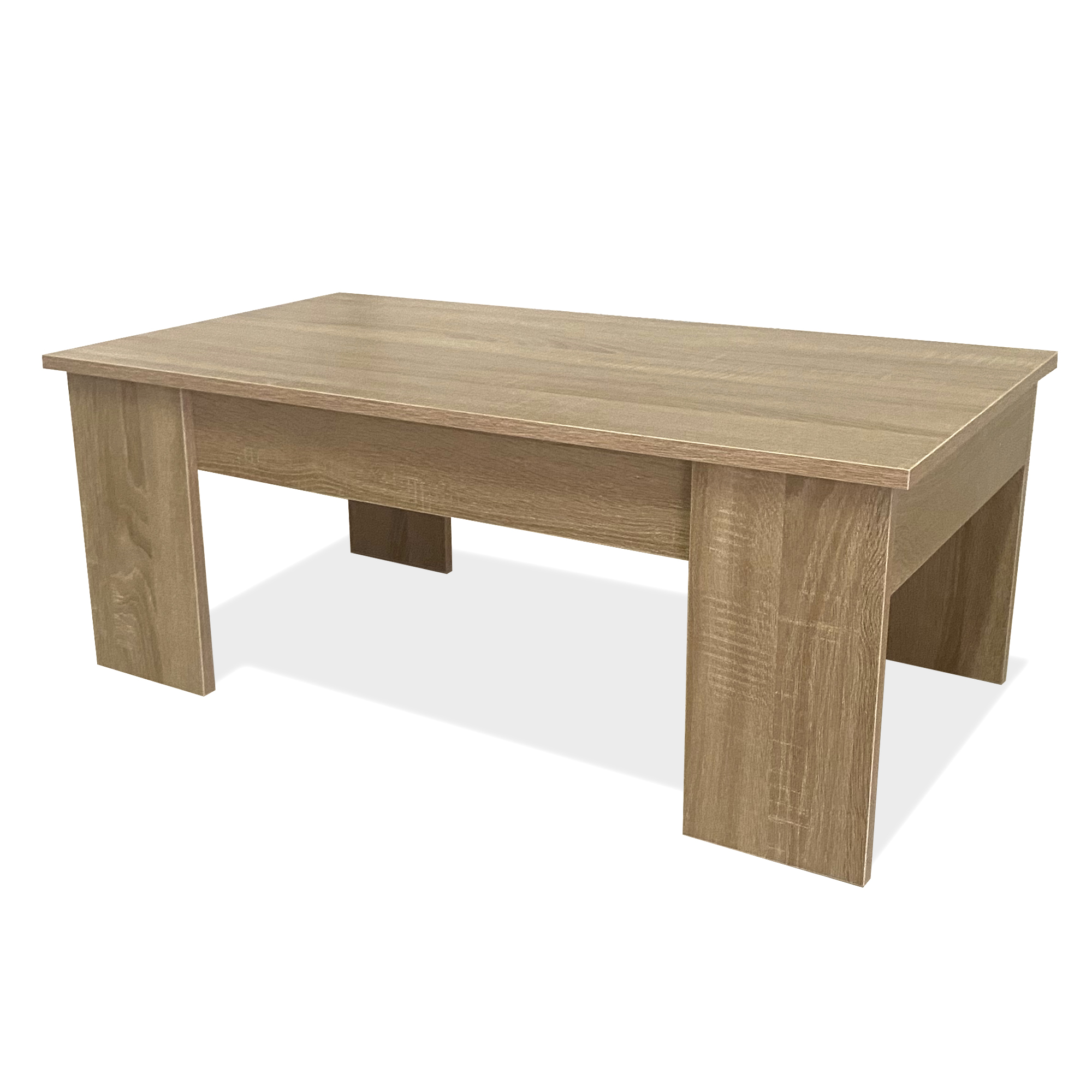Una mesa de centro rectangular de madera con veta de madera sobre fondo blanco.
