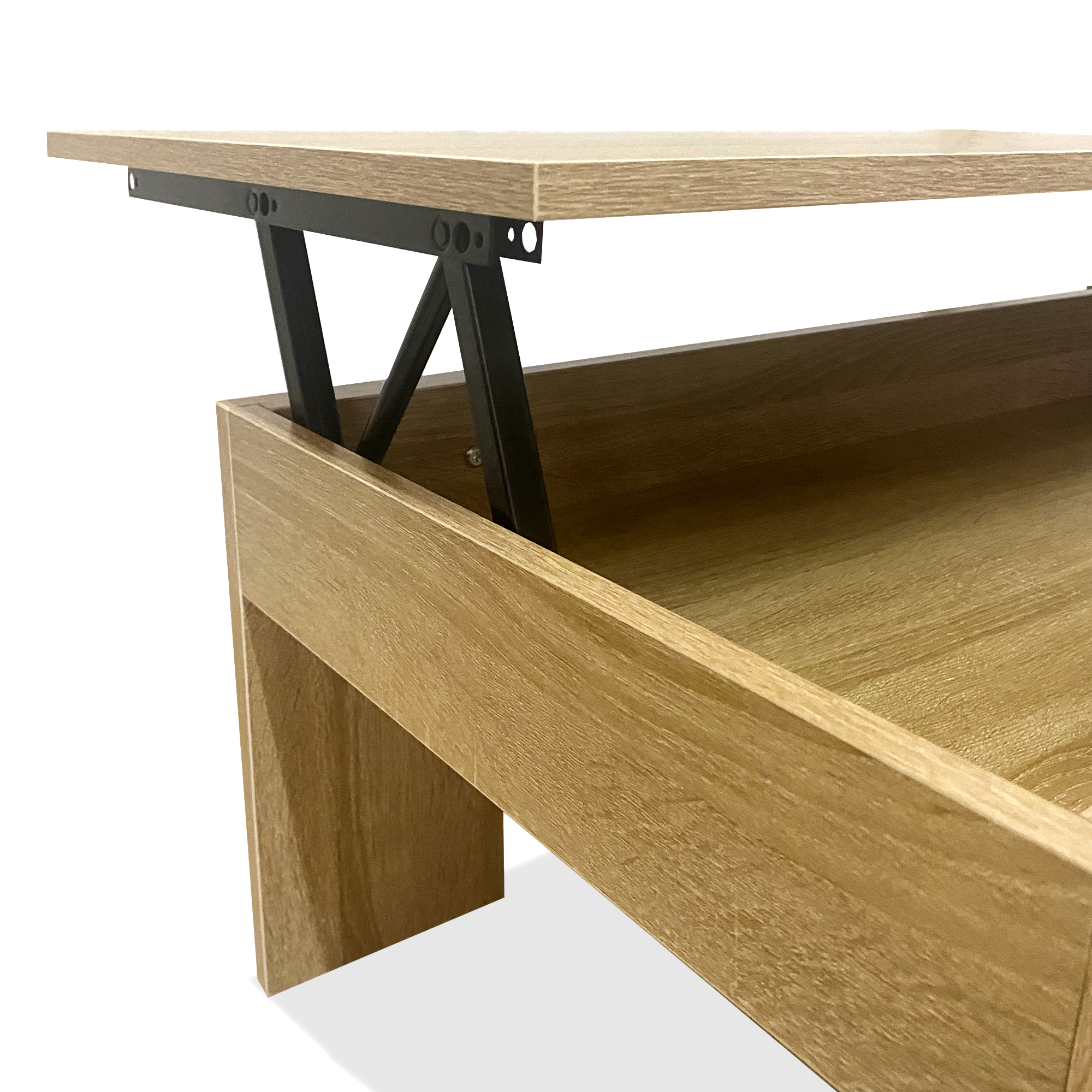 Una mesa de centro de madera elevable con mecanismos metálicos oscuros.