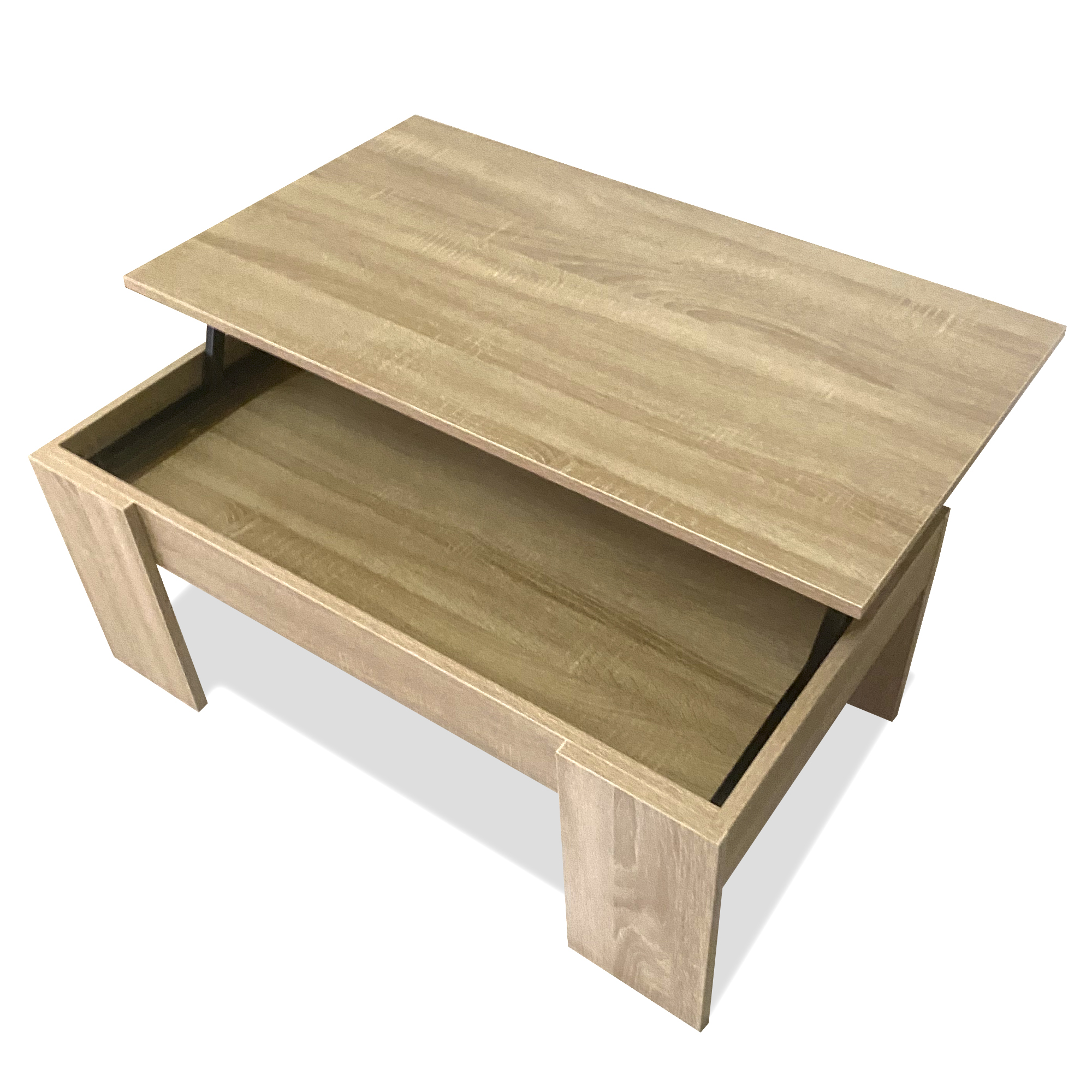 Una mesa de madera clara con tapa elevable y compartimento abierto.