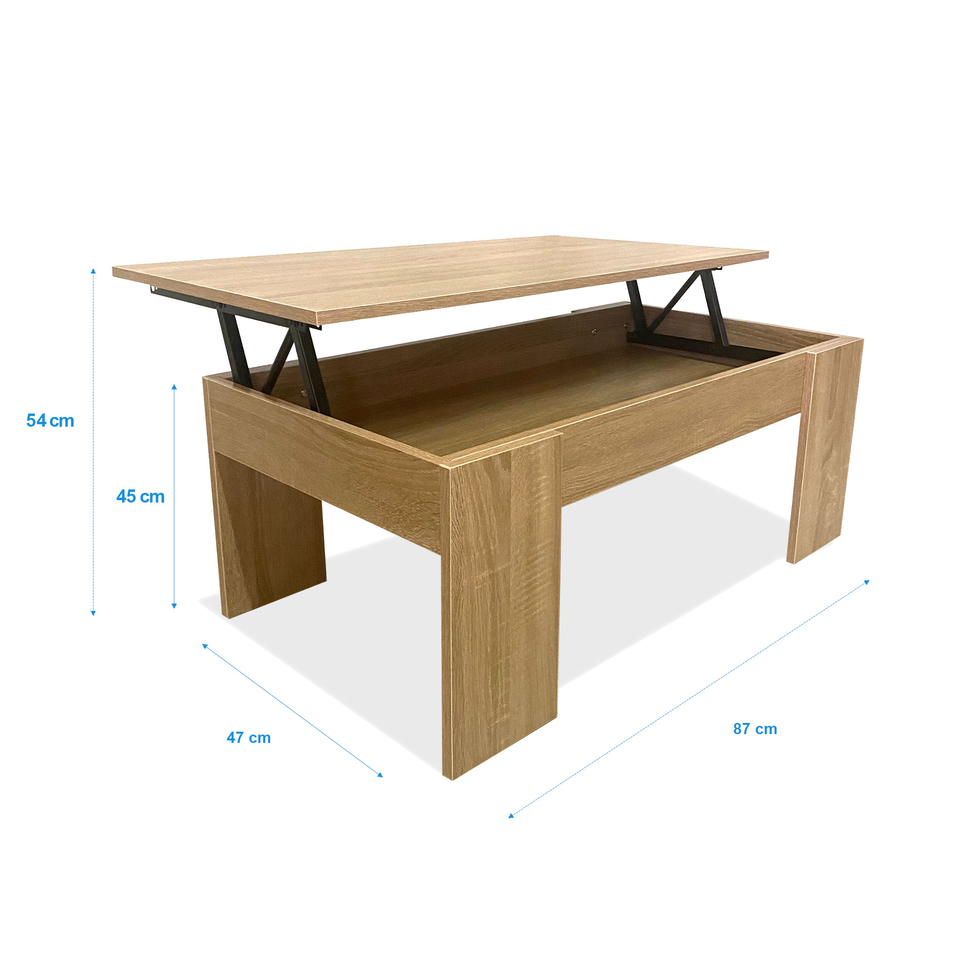 Una mesa de centro de madera con tapa elevable y compartimento.