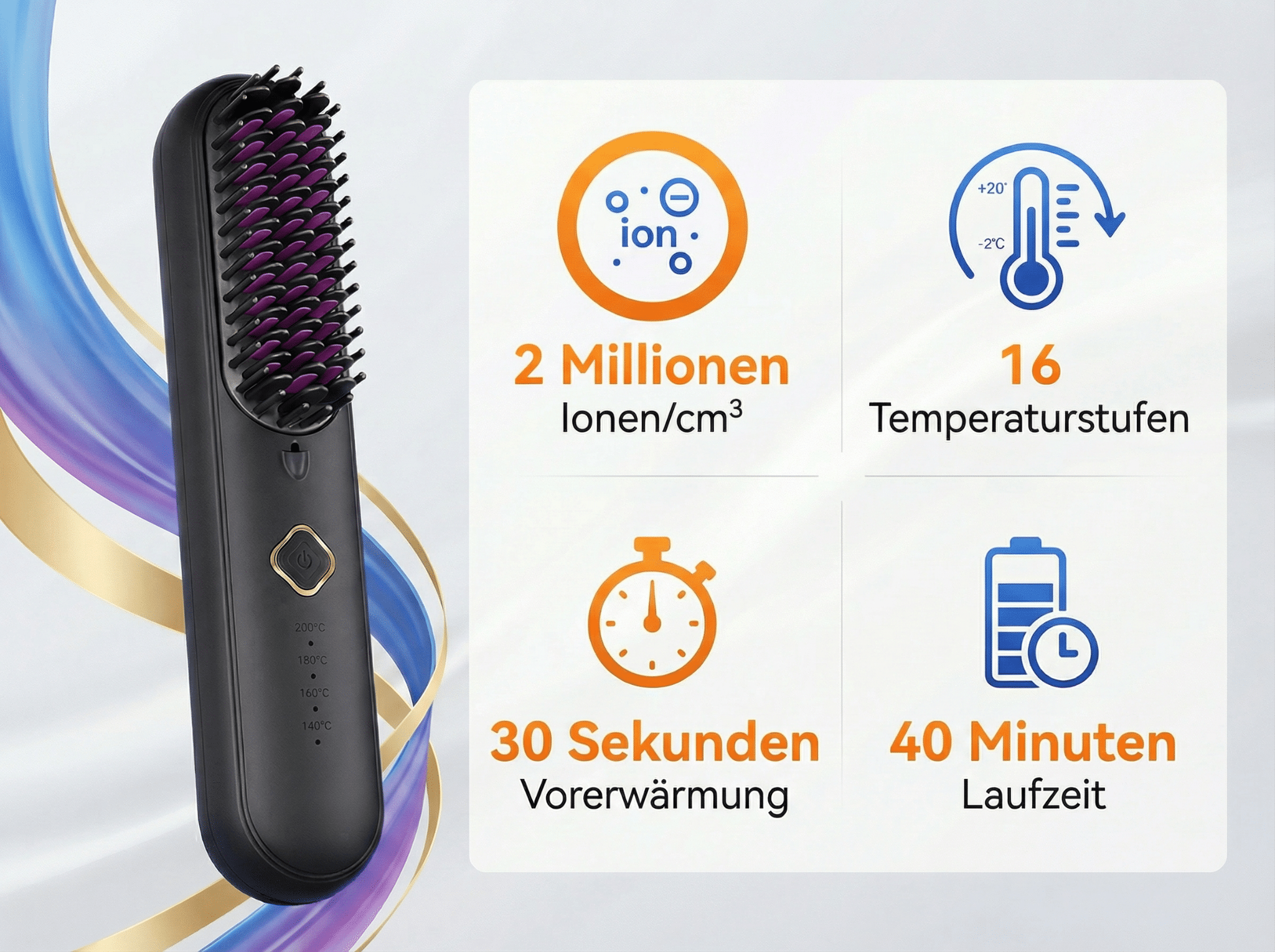 Schwarzer Haar-Glätter mit lila Borsten, 2 Mio Ionen, 16 Stufen, 30s Aufheizzeit, 40min Laufzeit.