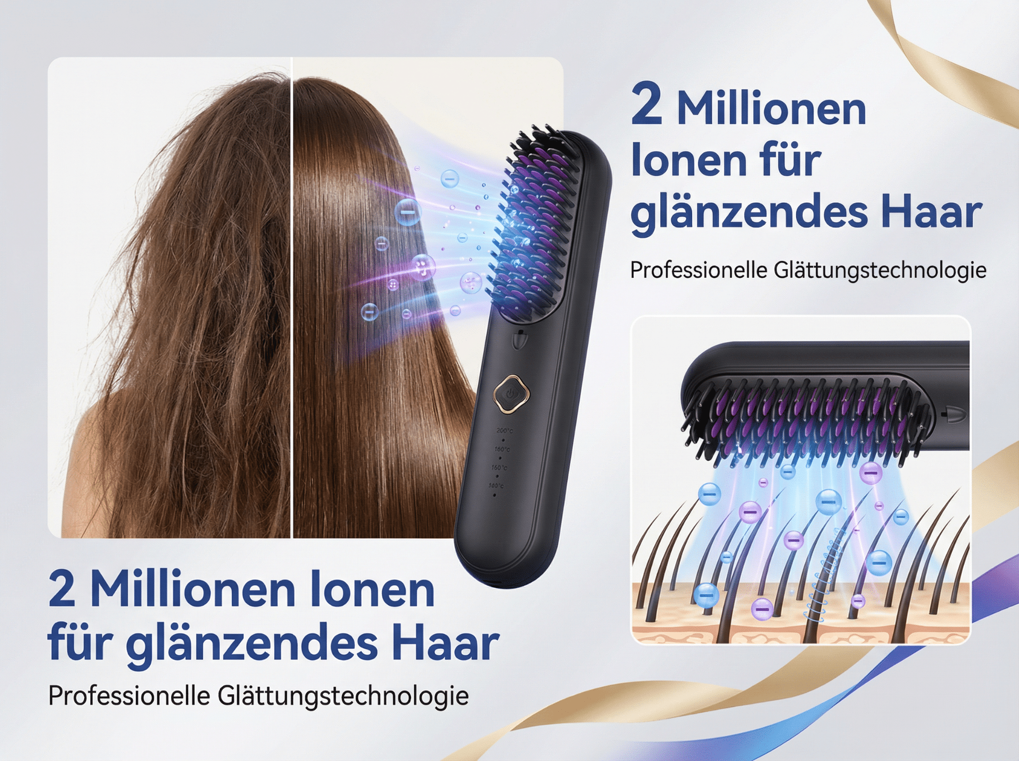 Vorher/Nachher-Haar, Kamm mit Ionen, der Haare glättet. 2 Mio. Ionen für Glanz.