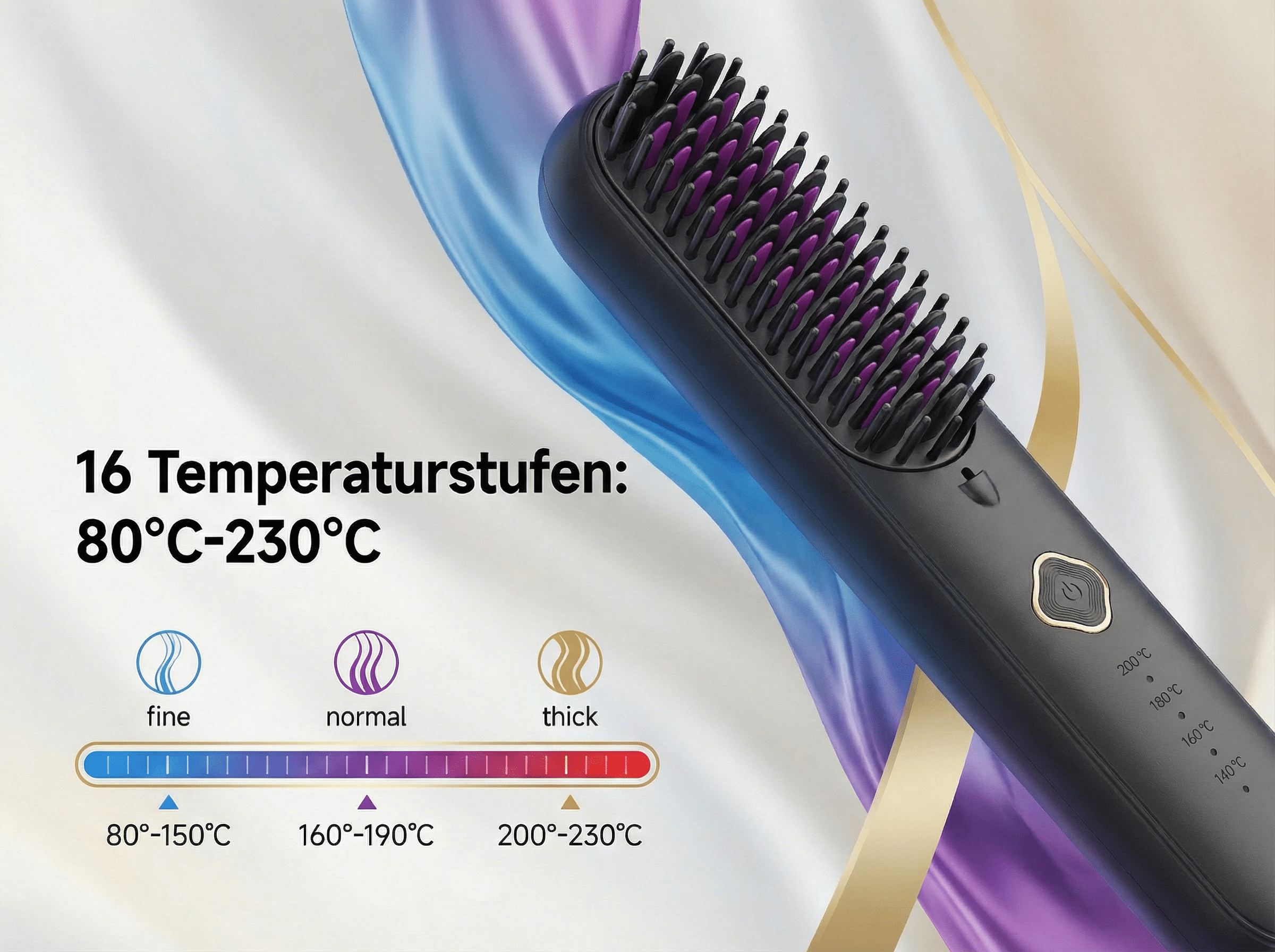 Schwarzer Glättebürste mit lila Borsten, Temperaturanzeige und 3 Haartypen-Icons.