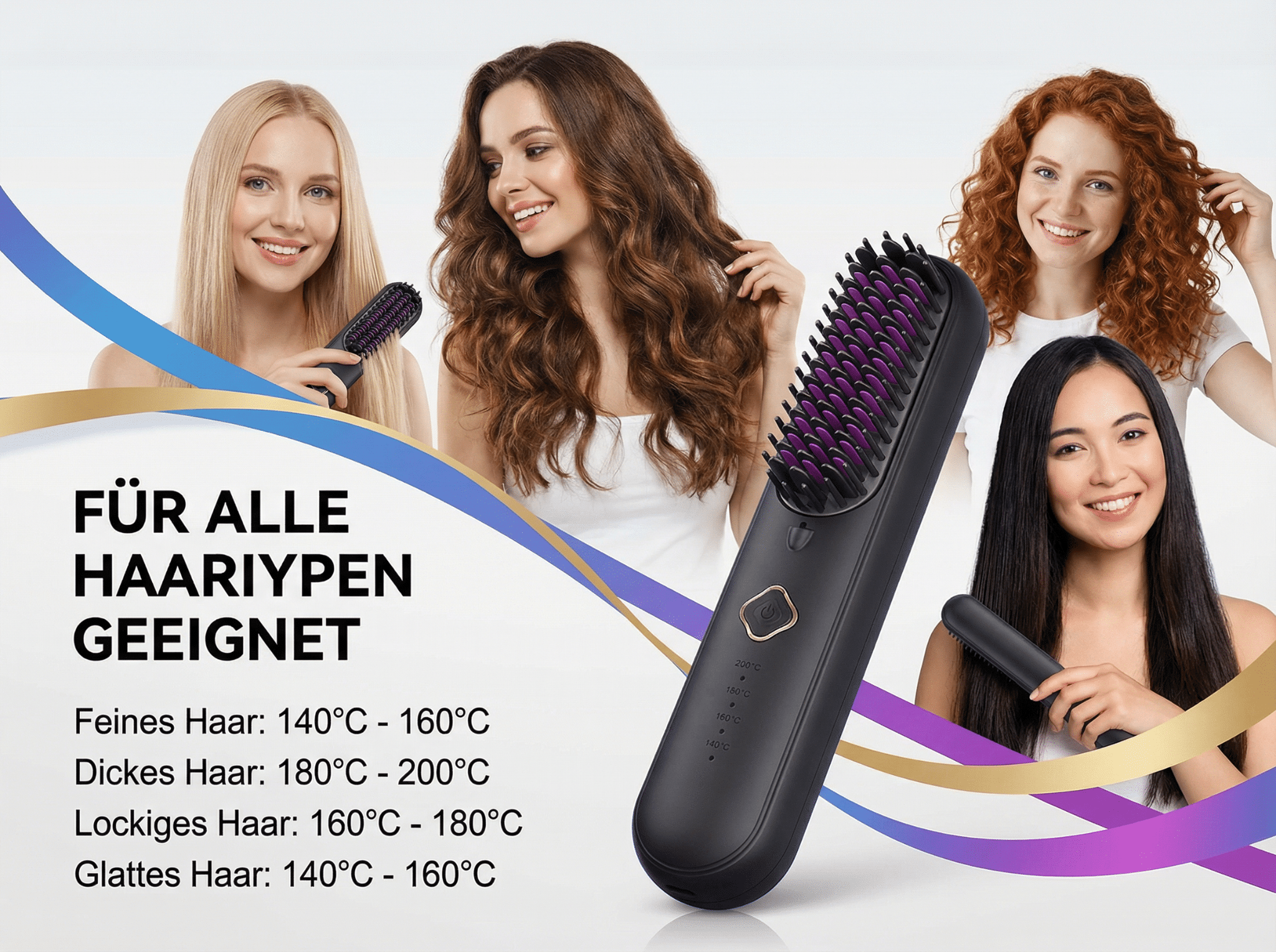 Vier Frauen mit verschiedenen Haartypen posieren mit einem Haar-Glätteisen.