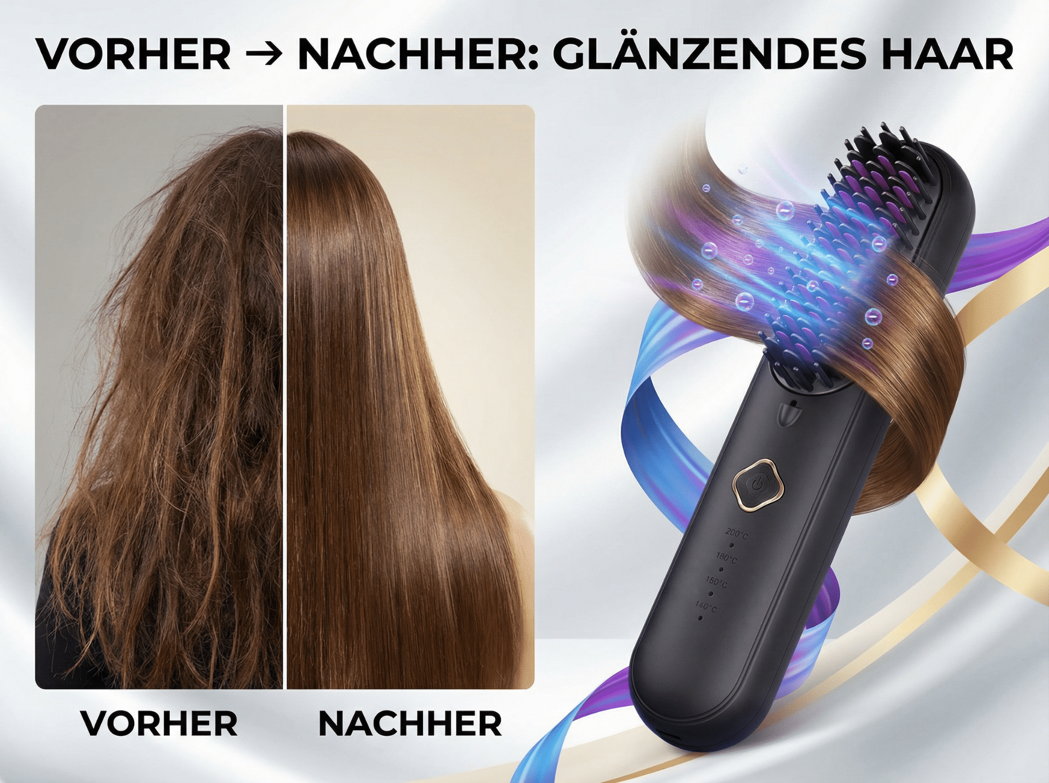 Vorher-Nachher-Vergleich von Haaren, die durch ein glättendes Gerät behandelt wurden.
