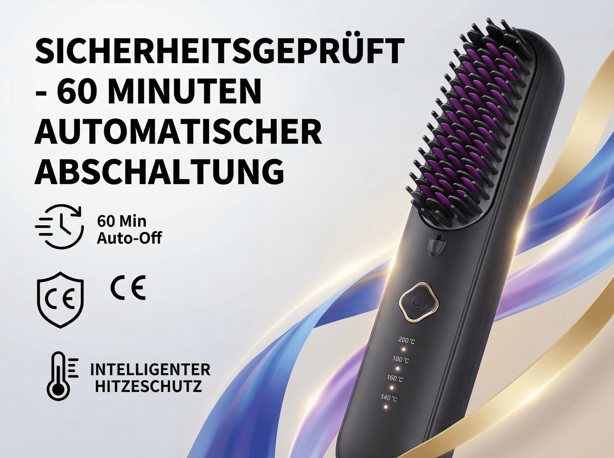Schwarzer Haarglättungskamm mit violetten Borsten, CE-Zeichen, 60 Min. Auto-Off.