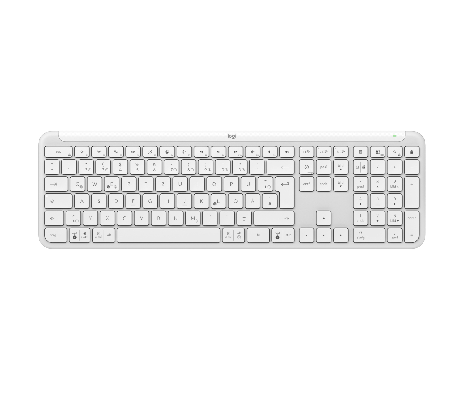 Un teclado Logi blanco con teclado numérico y teclas multimedia.