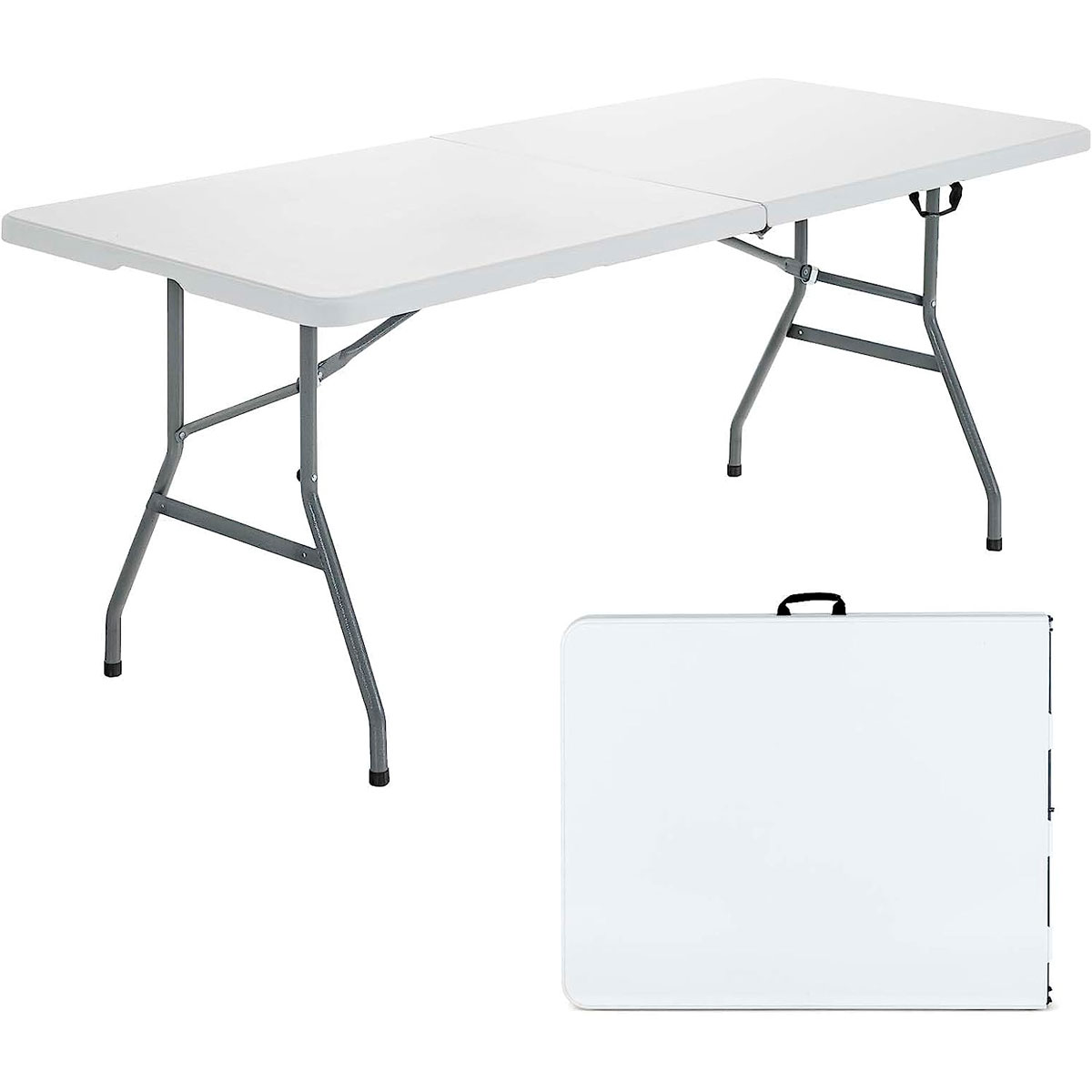 Una mesa plegable blanca extendida y otra plegada al lado.